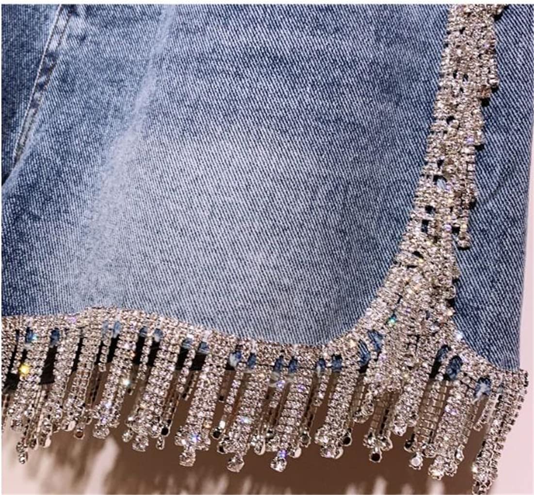 Sparkling Rhinestone Fringed High Waist Denim Shorts for Women - Stylish Diamond Tassel Embellished Jean Shorts | Perfect for Summer Outfits, Music Festivals & Night Out Parties