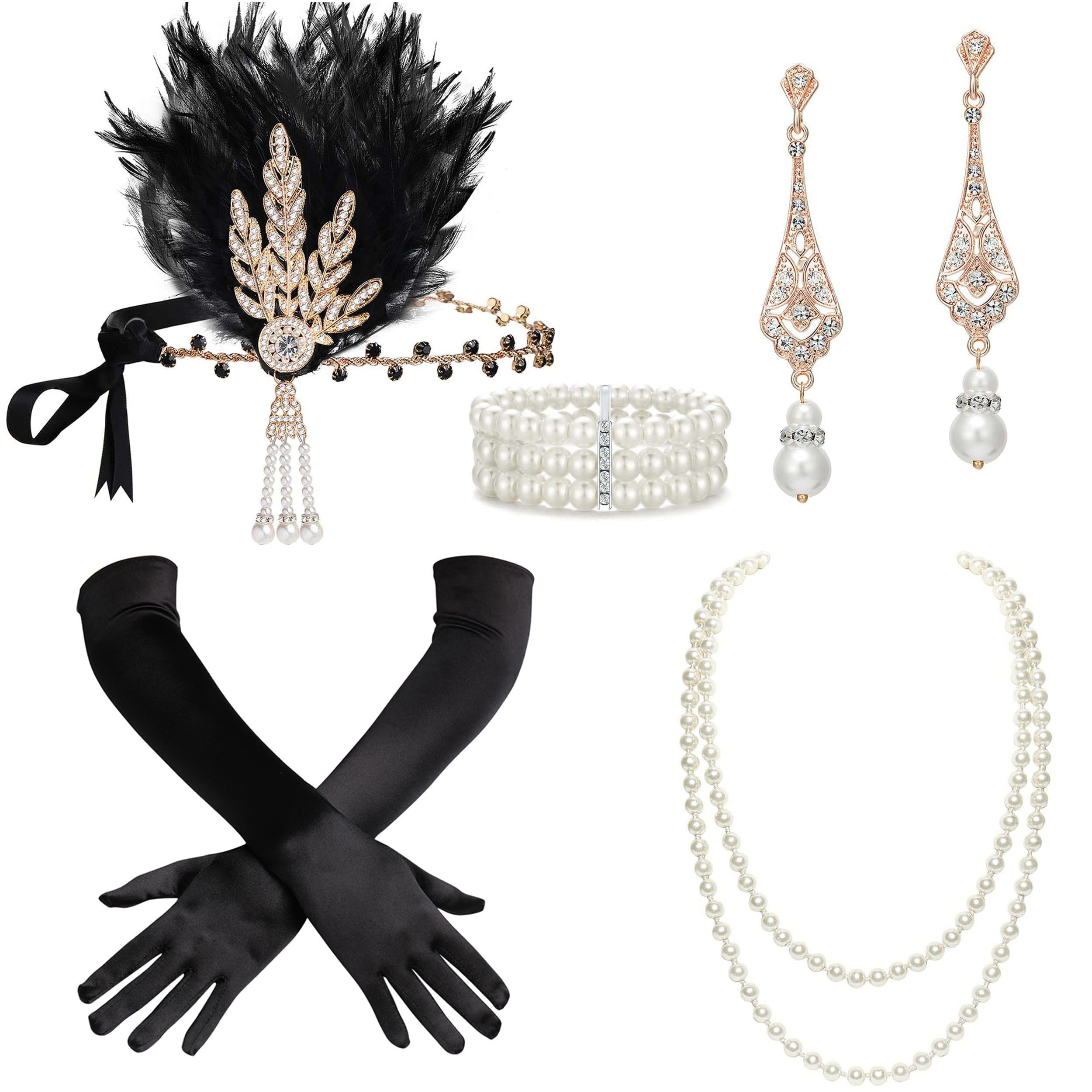 1920s Flapper Headband & Pearl Necklace Set - Great Gatsby Inspired Women's Vintage Accessories for Costume Parties & Themed Events