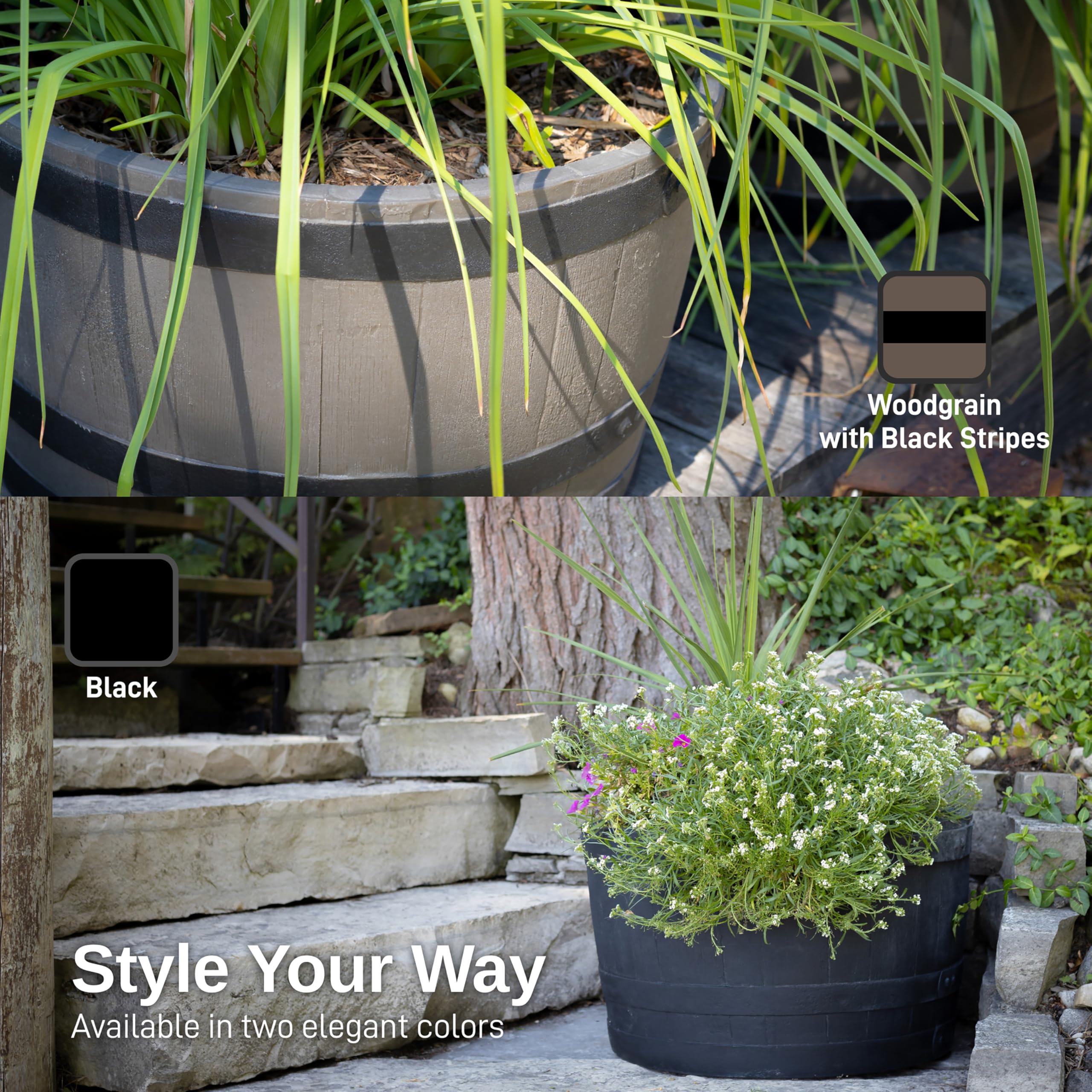 Premium Polyethylene Whiskey Barrel Planters for Indoor/Outdoor Decor - Wood Grain Finish with Black Stripes (Set of 2) - Perfect for Patio, Garden, Balcony & Home Décor