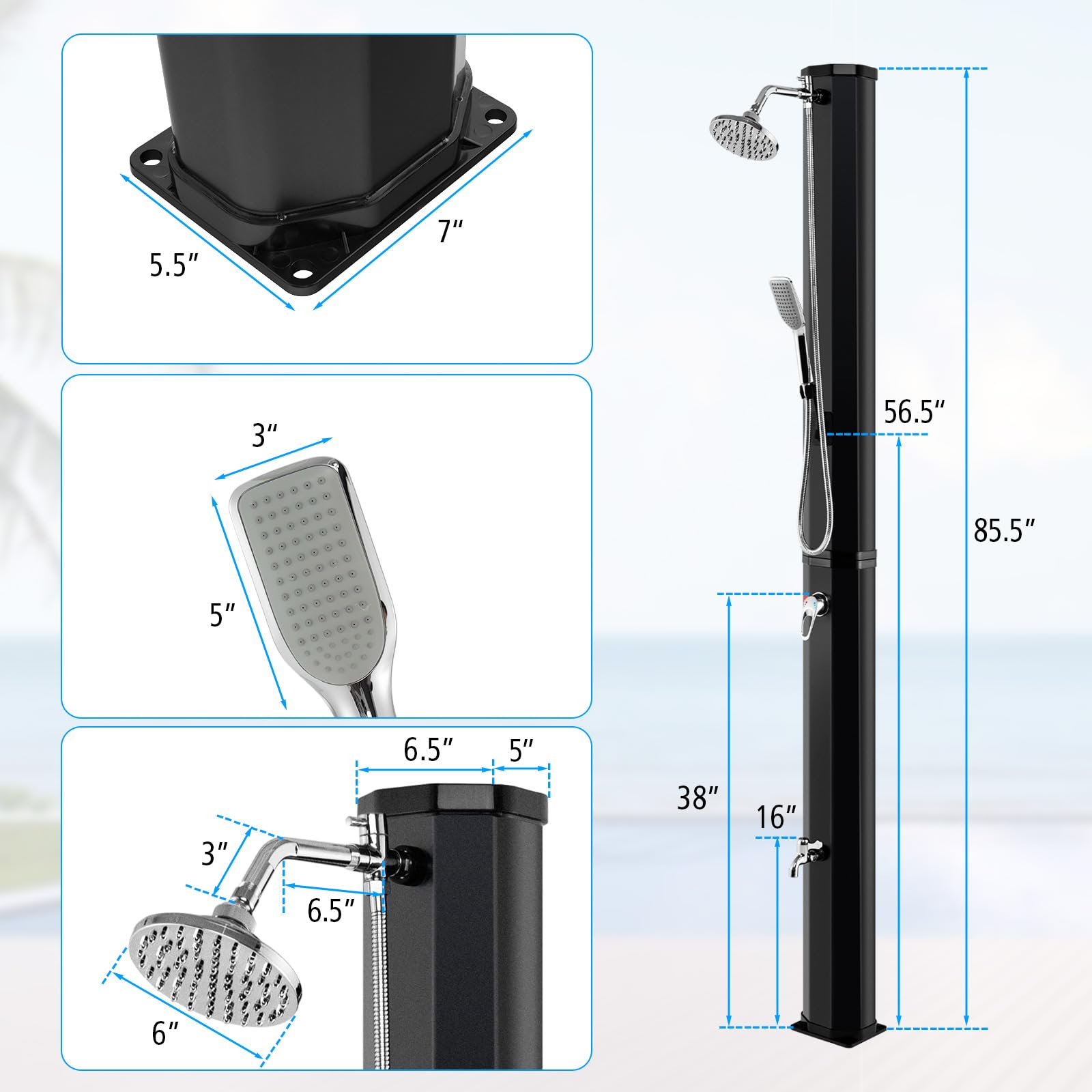 Goplus 9.3 Gallon Solar Heated Outdoor Shower - 7.2 FT Freestanding Garden Shower with 360° Swivel Shower Head, Foot Shower & Temperature Adjustment - Perfect for Poolside, Backyard, Beach & Camping (Black with Handle Head)
