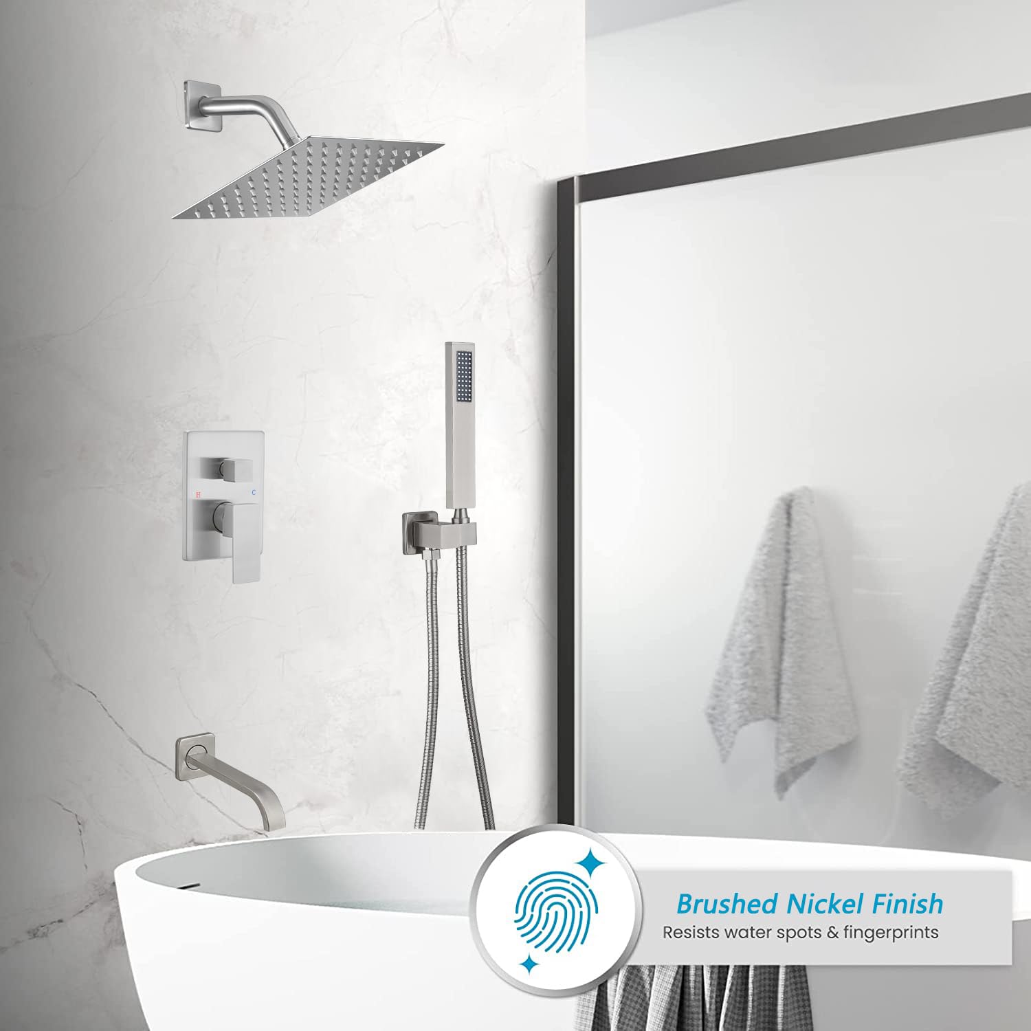 Premium Brushed Nickel Shower Faucet Set - 8 Inch Wall Mounted Shower Head with Handheld Sprayer, 3-Function Tub Spout & Valve Trim Kit for Bathroom Renovation - Perfect for Modern Homes, Luxury Hotels & Spa Retreats
