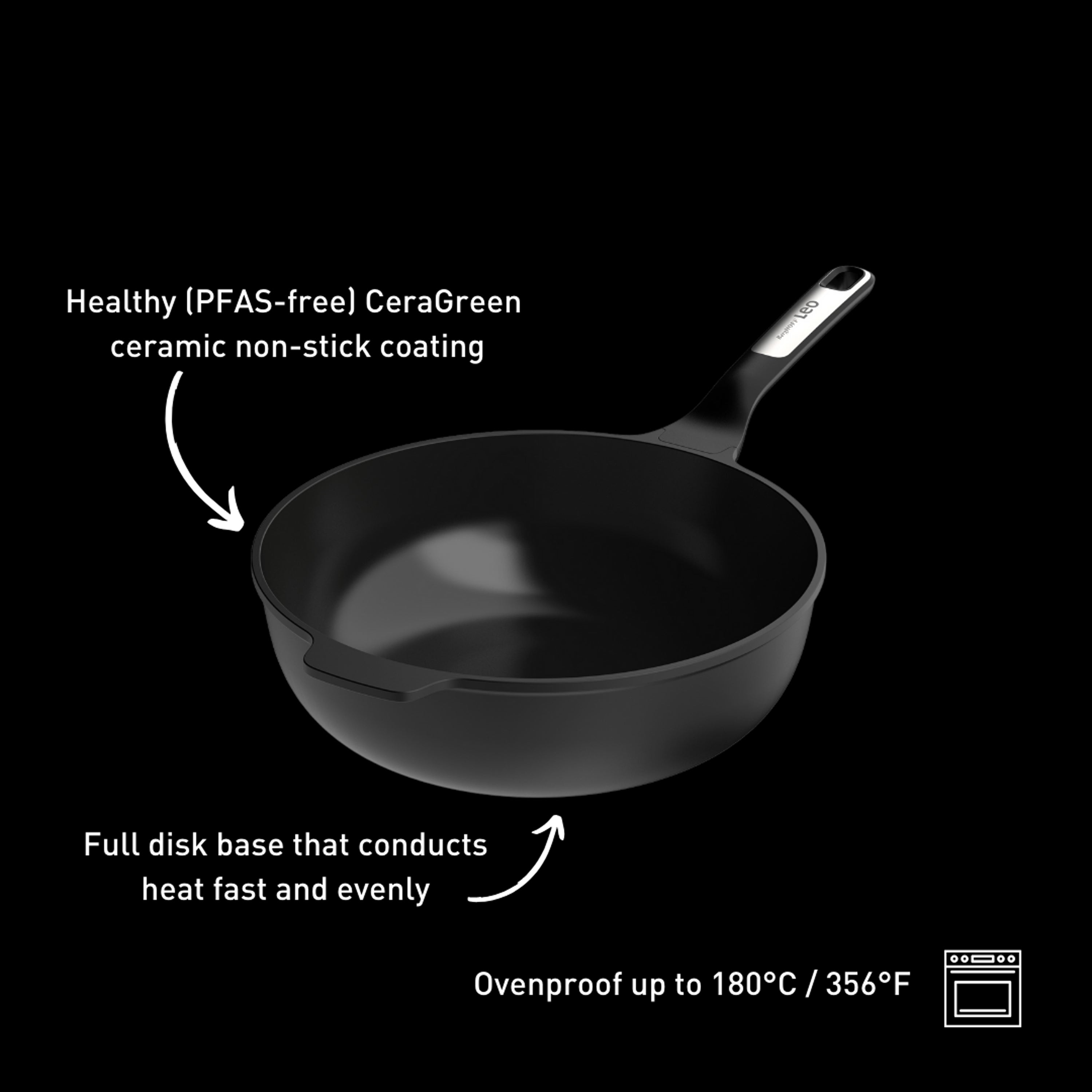 BergHOFF Leo Phantom Nonstick Ceramic 11-Inch Wok Pan 4.6 Quart | Eco-Friendly Recycled Material | Perfect for Stir-Frying, Sautéing & Asian Cooking