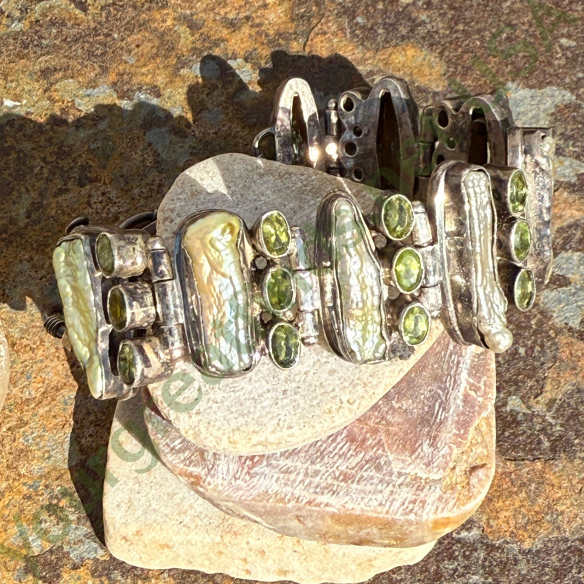 Elegant Sterling Silver Freshwater Pearl & Peridot Wide Panel Bracelet for Women | Dainty Jewelry Gift for Birthday, Anniversary & Special Occasions