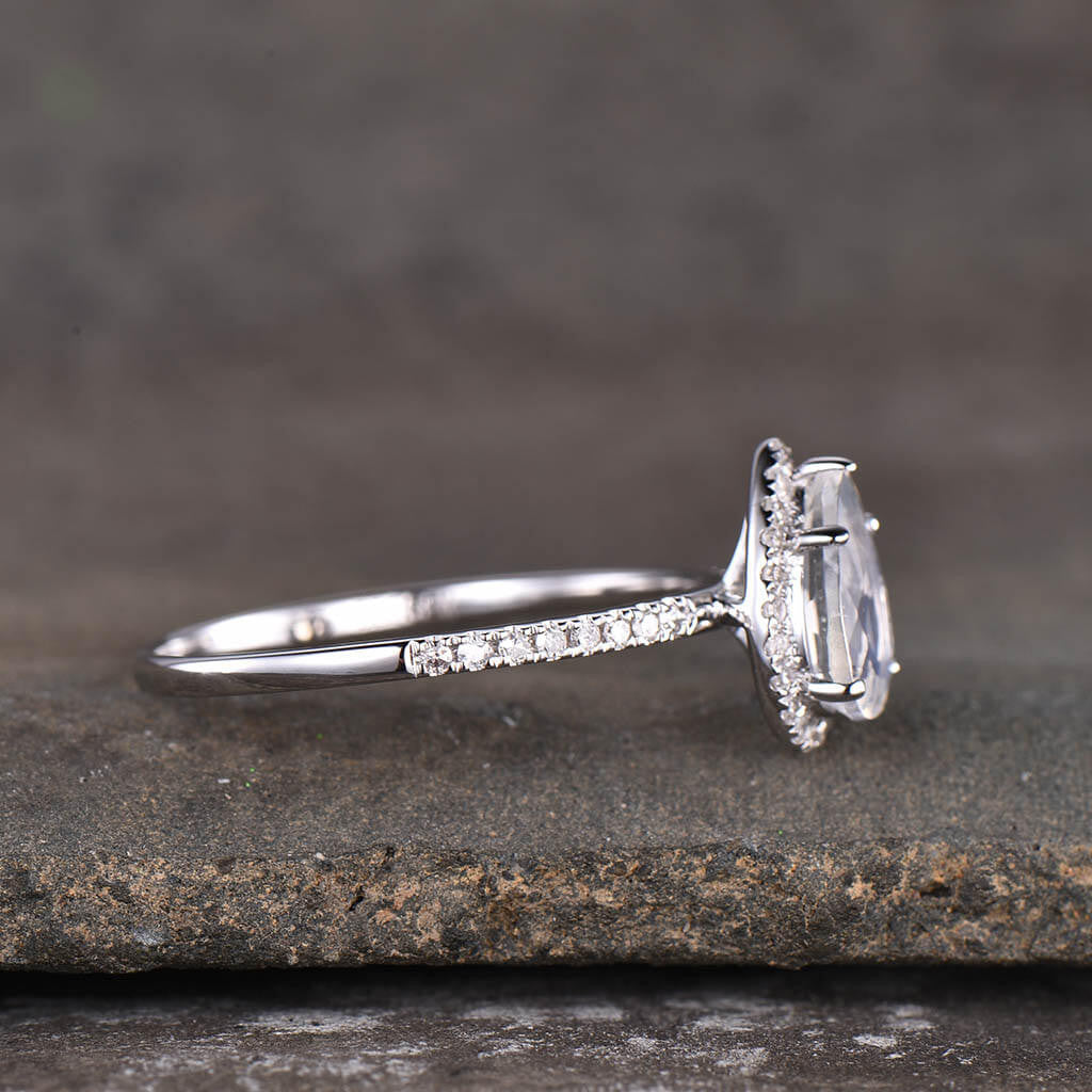 18K White Gold Water Drop Moonstone Ring with Diamond Halo | European & American Fashion Jewelry for Women | Perfect for Weddings, Parties & Everyday Elegance