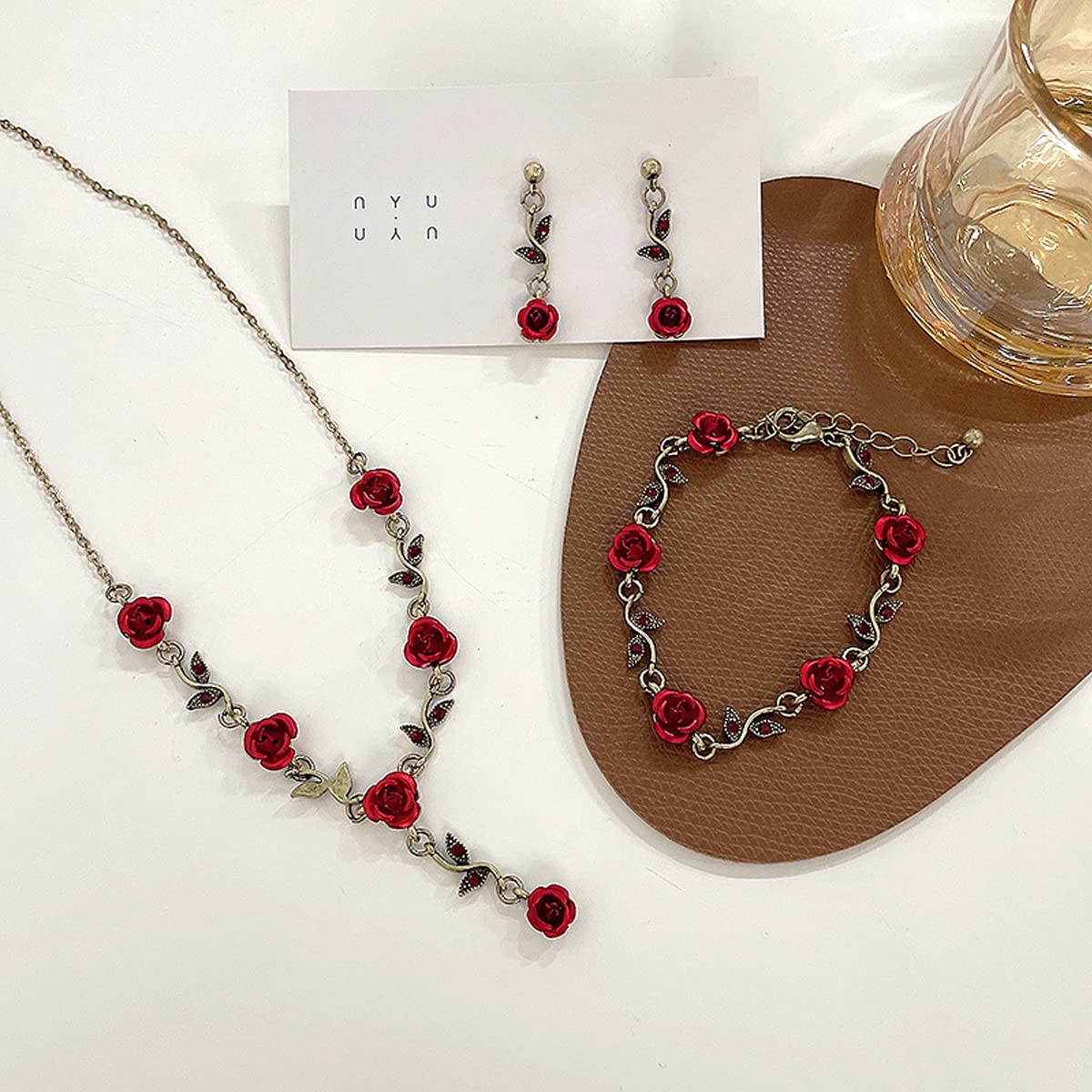 3Pcs Rose Red Jewelry Set - Flower Necklace, Dangle Earrings & Bracelet for Women | Rose Gold Bridal Jewelry for Wedding, Prom, Party & Special Occasions | Elegant Gift for Bride, Girlfriend & Loved Ones