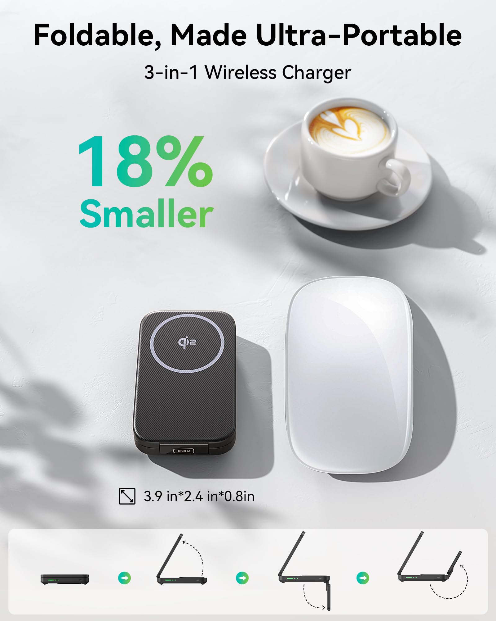 INIU 3-in-1 Wireless Charging Station - Qi2 Certified MagSafe Travel Charger for iPhone 16/15/14/13/12 Series, Apple Watch & AirPods | Foldable Stand with Adapter | Perfect for Home, Office & Travel Charging