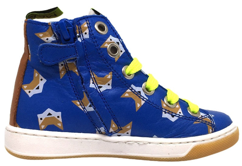 Kids' Blue Leather Fox Print High Top Sneakers - Lace Up Shoes for Boys & Girls - Perfect for School, Play & Outdoor Activities