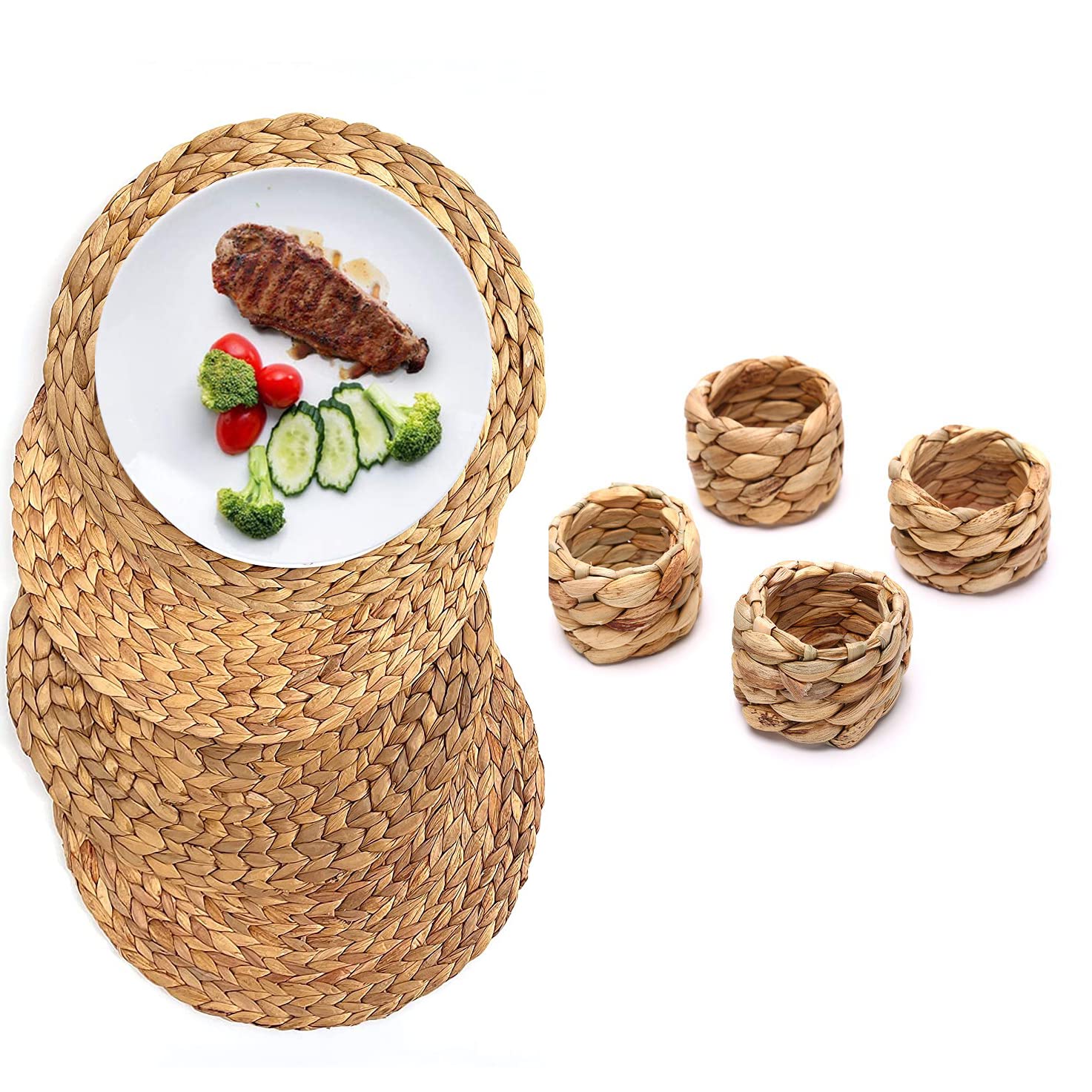 M4DECOR 11.8 Inch Round Woven Water Hyacinth Placemats Set of 4 with Napkin Rings - Natural Wicker Table Mats for Dining Room, Kitchen, and Outdoor Entertaining