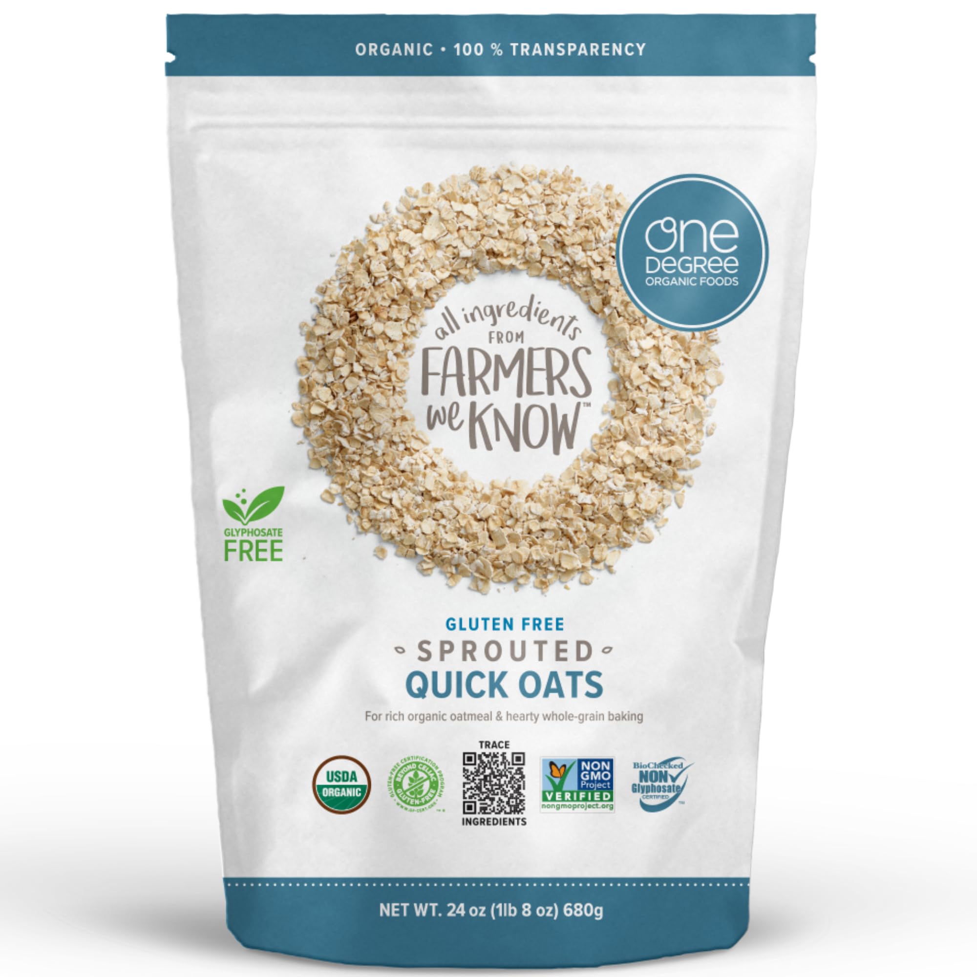 One Degree Organic Foods Gluten Free Sprouted Quick Oats - 24oz (1 Pack) | Healthy Breakfast Cereal for Smoothies, Baking & Oatmeal | USDA Organic, Non-GMO, Vegan Friendly
