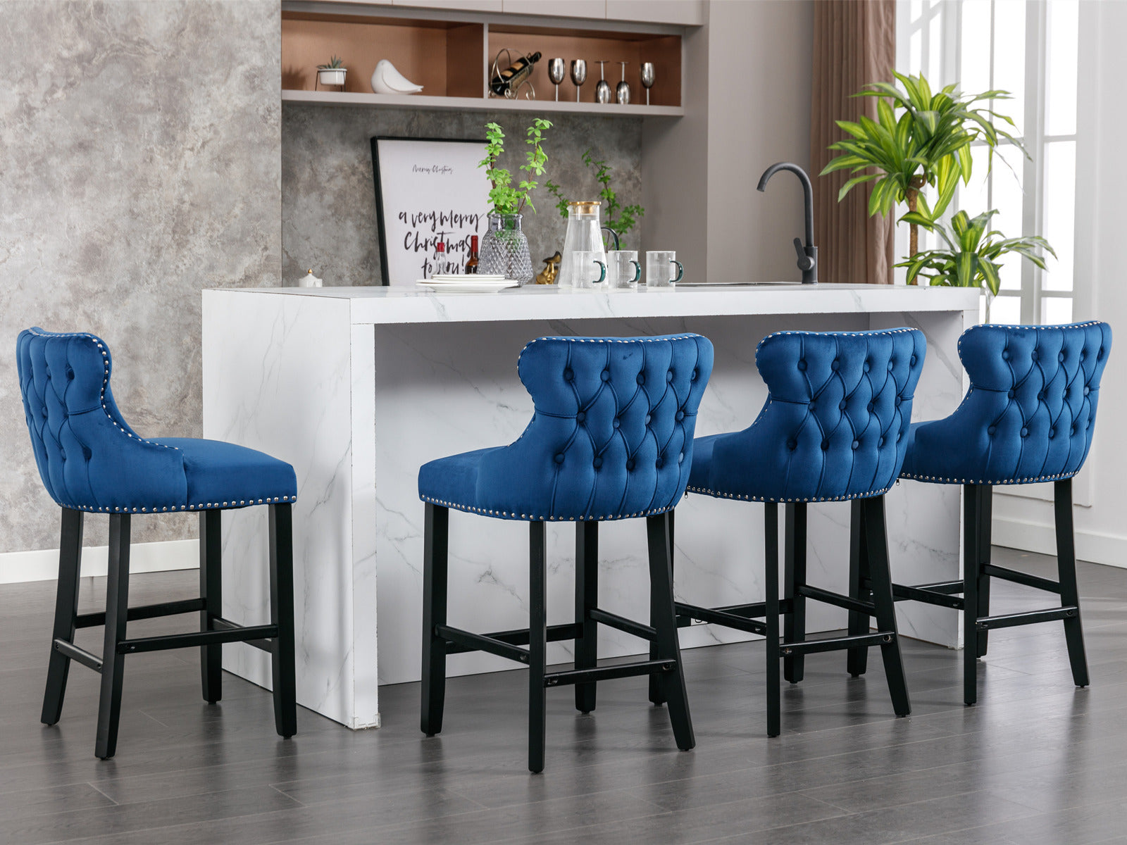 Contemporary Velvet Upholstered Wingback Bar Stools with Button Tufted Design, Wooden Legs & Chrome Nailhead Trim - Set of 4 Blue Bar Chairs (SW1824BL) for Kitchen Island, Breakfast Nook & Home Bar Decor
