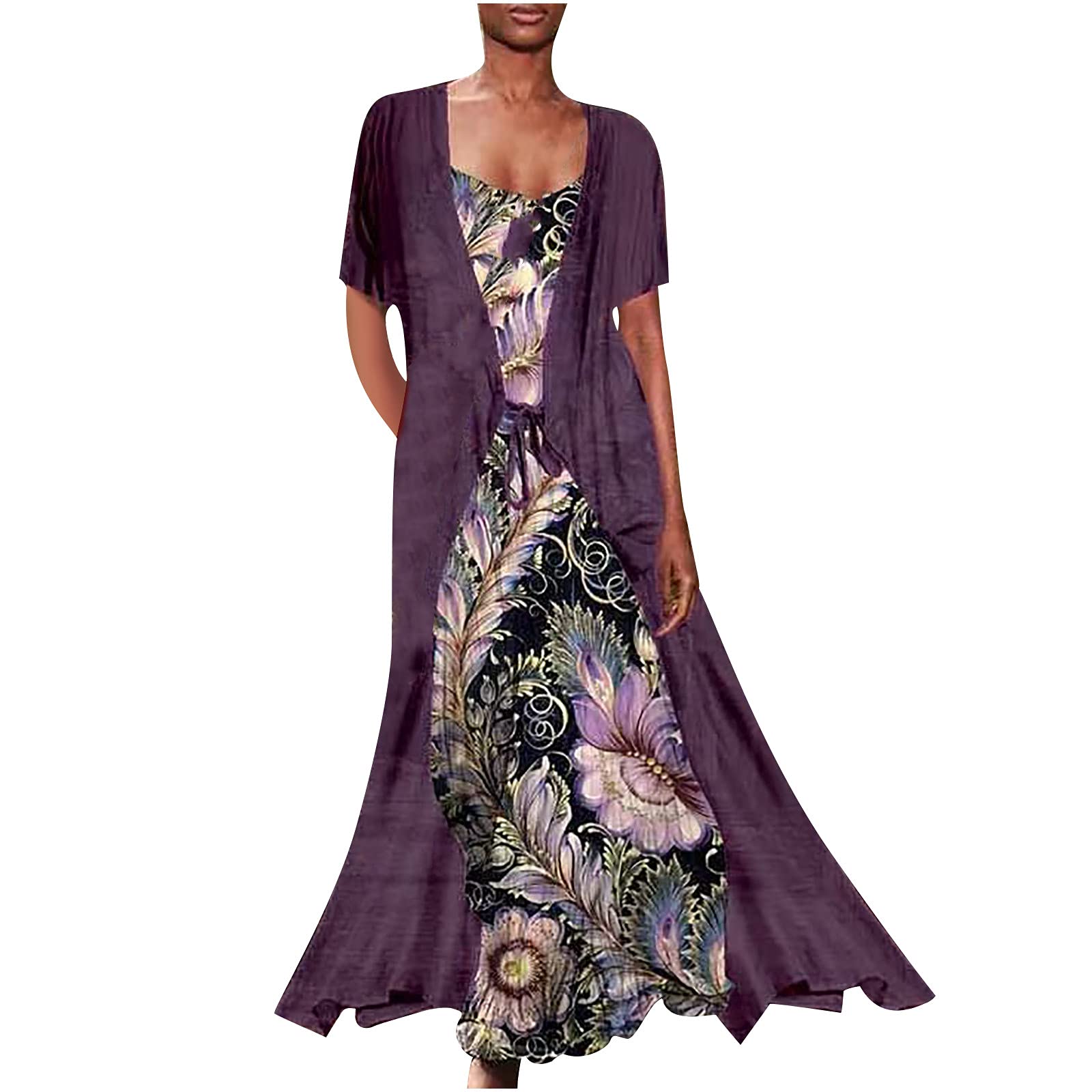 2-Piece Maxi Dress Set for Women - Casual Loose Spaghetti Strap Sleeveless Long Dress with Cardigan - Plus Size Wedding Guest Outfit - Perfect for Beach Vacations, Summer Parties & Formal Events