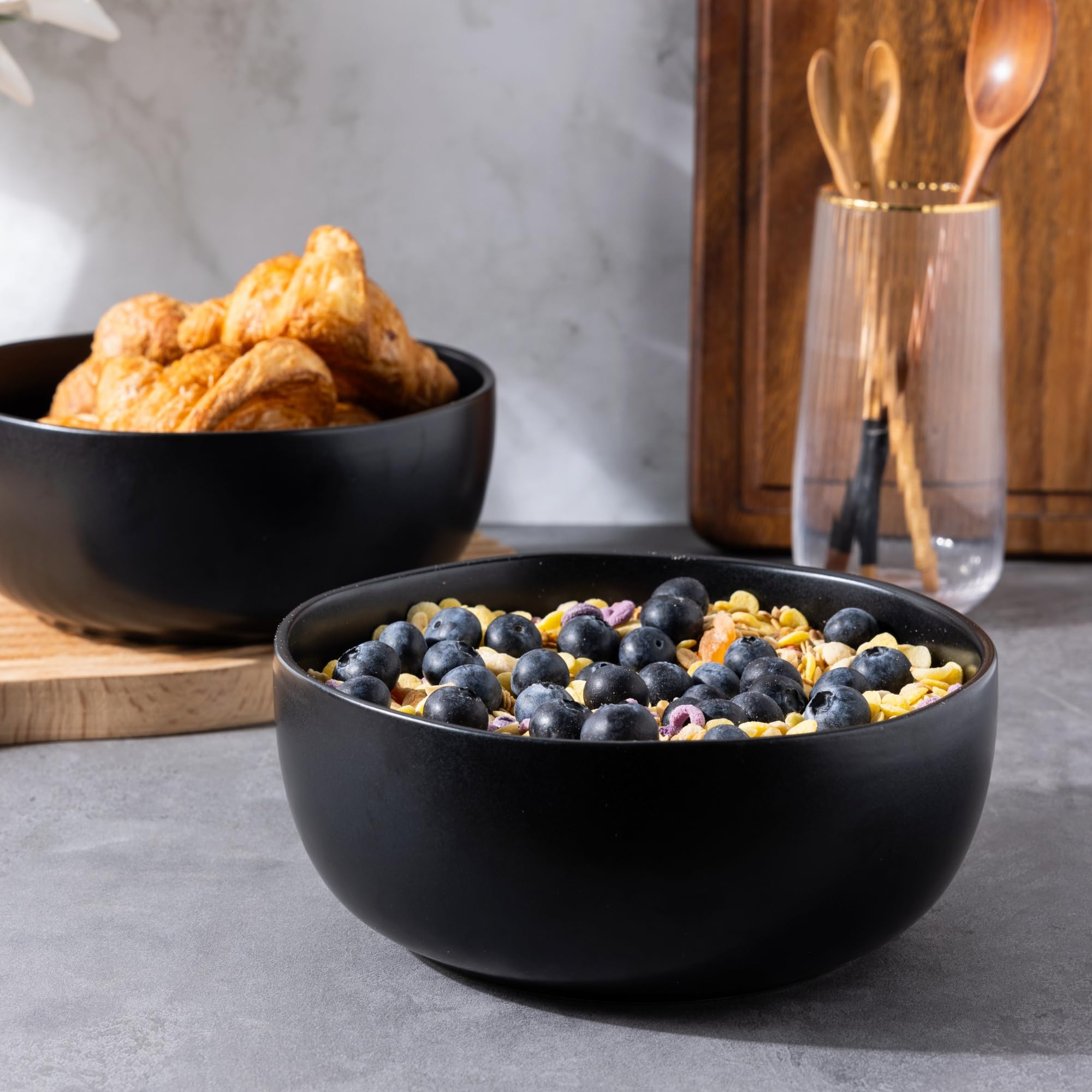 AmorArc 28oz Stoneware Cereal & Soup Bowls Set of 4 - Microwave, Oven & Dishwasher Safe Ceramic Kitchen Bowls with Wavy Rim - Matte Black for Breakfast, Lunch & Dinner Serving