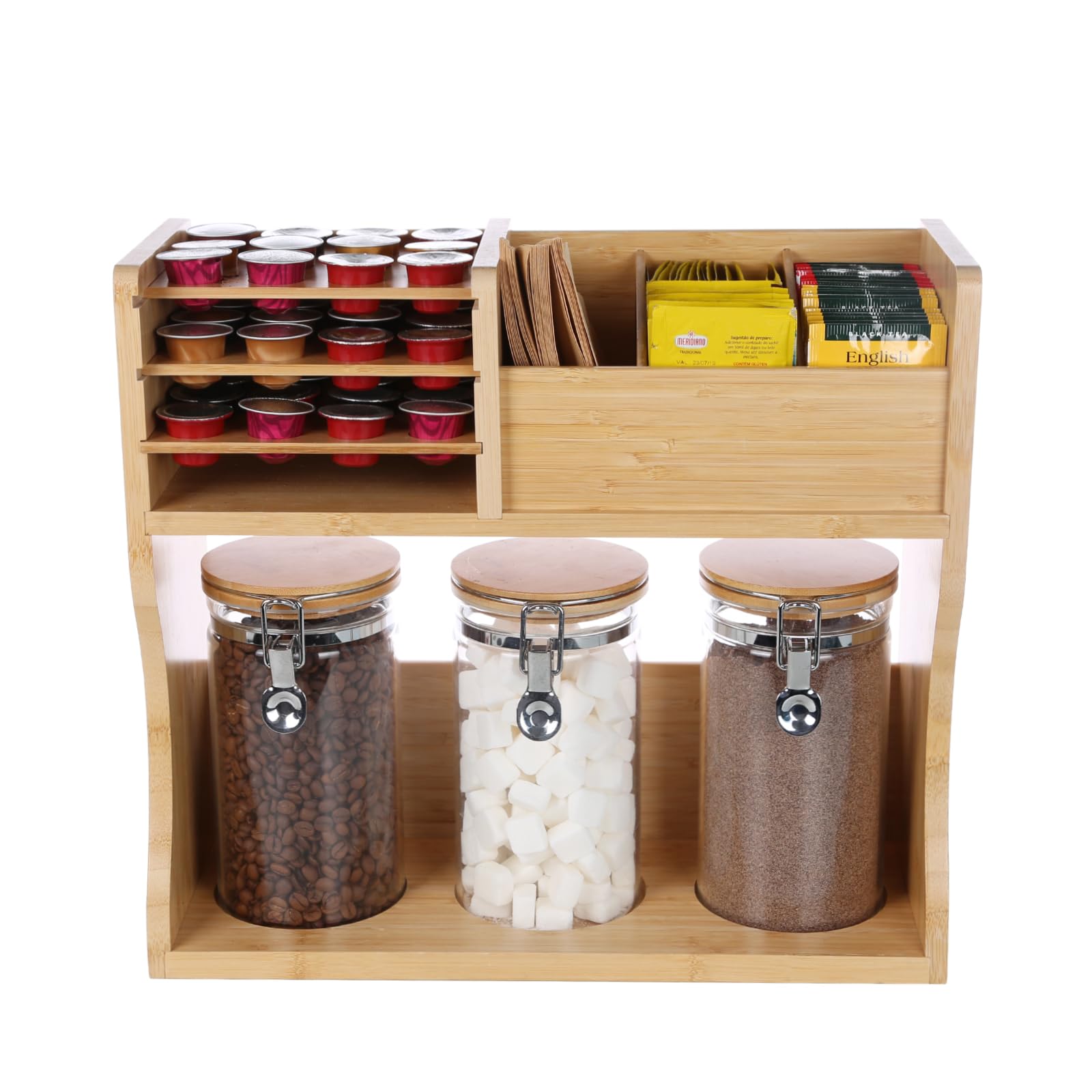 KKC HOME ACCENTS Coffee & Tea Station Organizer with 3 Airtight Glass Containers - Countertop Storage for Coffee Beans, Tea Bags, Coffee Pods & Grinder - Perfect for Kitchen, Office & Coffee Bar Organization