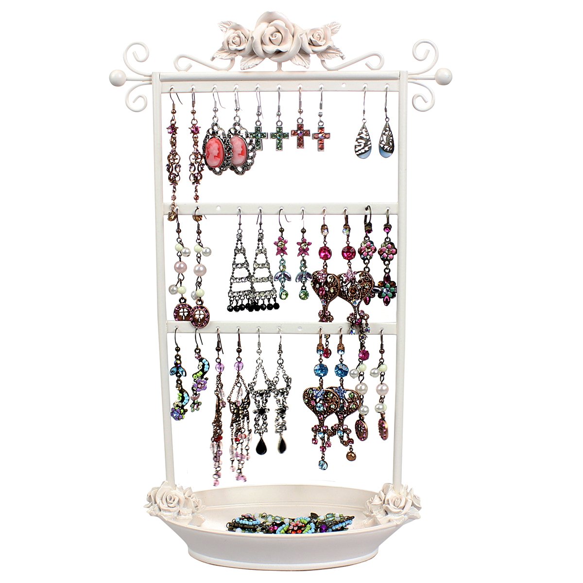 Shabby Chic Jewelry Organizer - Elegant Metal Earring Holder with Ring Dish Tray, Ivory Rose | Perfect for Vanity Display & Girls' Bedroom Decor | Jewelry Storage Solution for Necklaces, Bracelets & Earrings