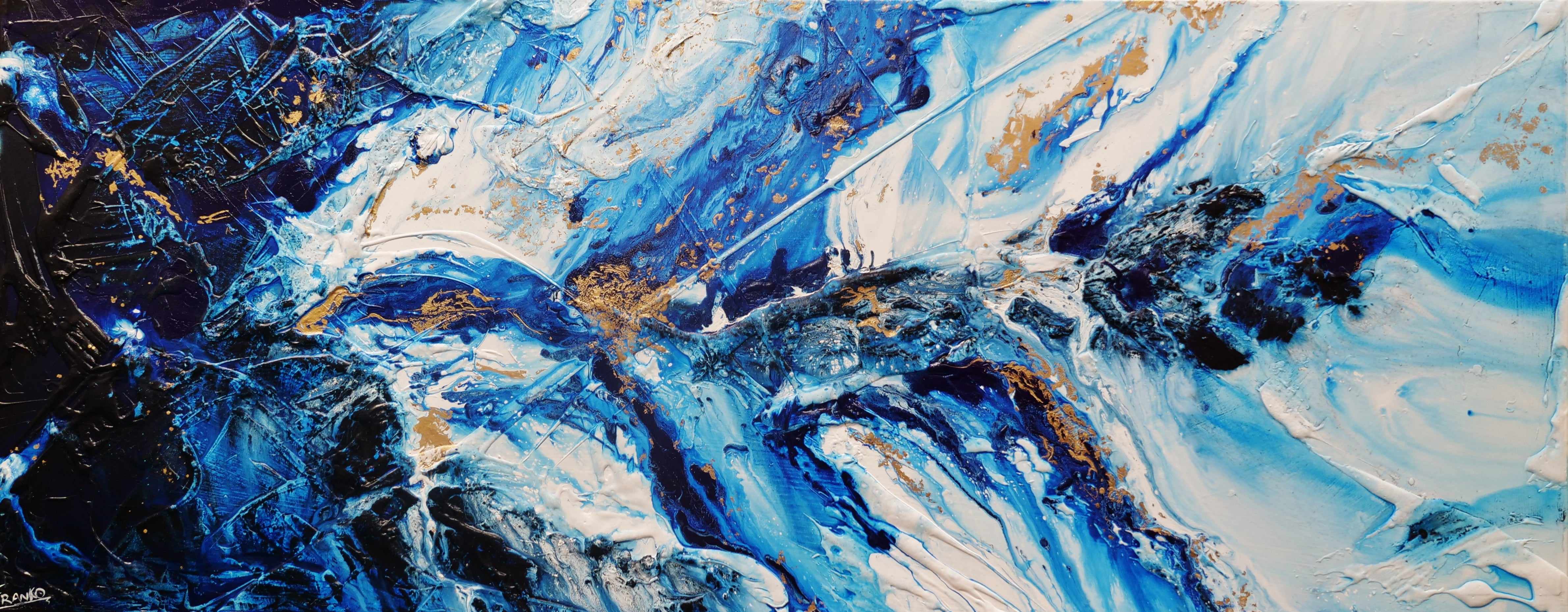 Admiralty Sapphire Blue White Gold Textured Abstract Painting - 200cm x 80cm Large Wall Art for Living Room, Bedroom & Office Decor | Modern Canvas Artwork for Home & Commercial Spaces