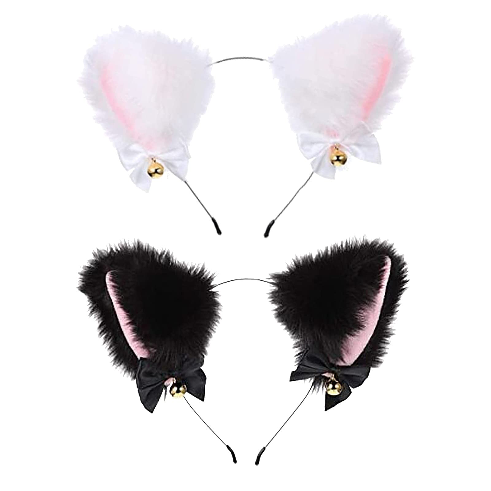 2 Pairs Plush Cat Ears Headband with Ribbon Bell - Soft Furry Neko Ears Hair Accessories for Women & Girls (Black+White) - Perfect for Cosplay, Halloween Costumes, Anime Conventions, Daily Wear and Party Outfits