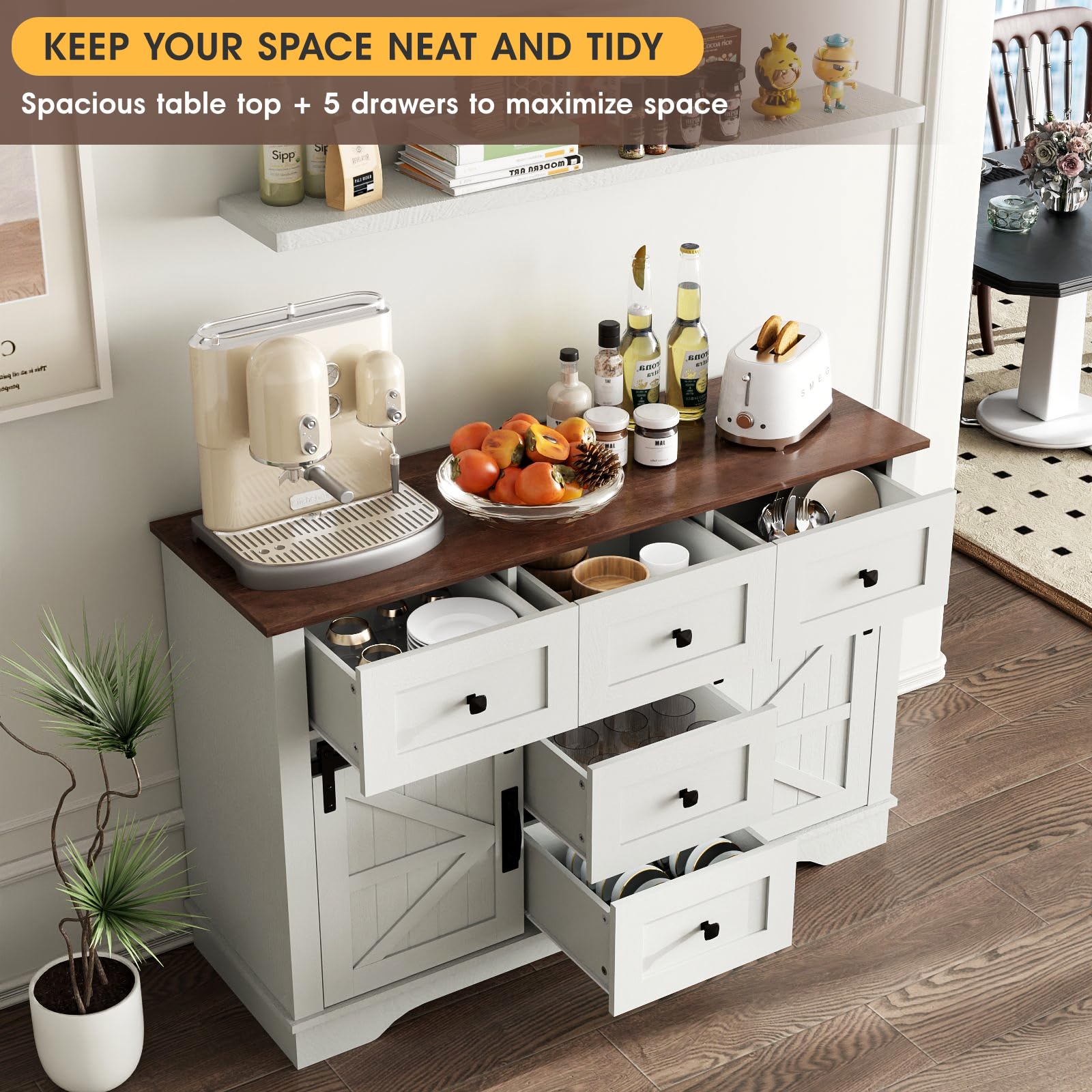 Farmhouse Sideboard Buffet Cabinet with Storage - Large Kitchen Cabinet with Sliding Barn Doors, 5 Drawers & Adjustable Shelves - White Coffee Bar Table for Dining Room - Perfect for Rustic Home Decor, Kitchen Organization & Entertaining Guests