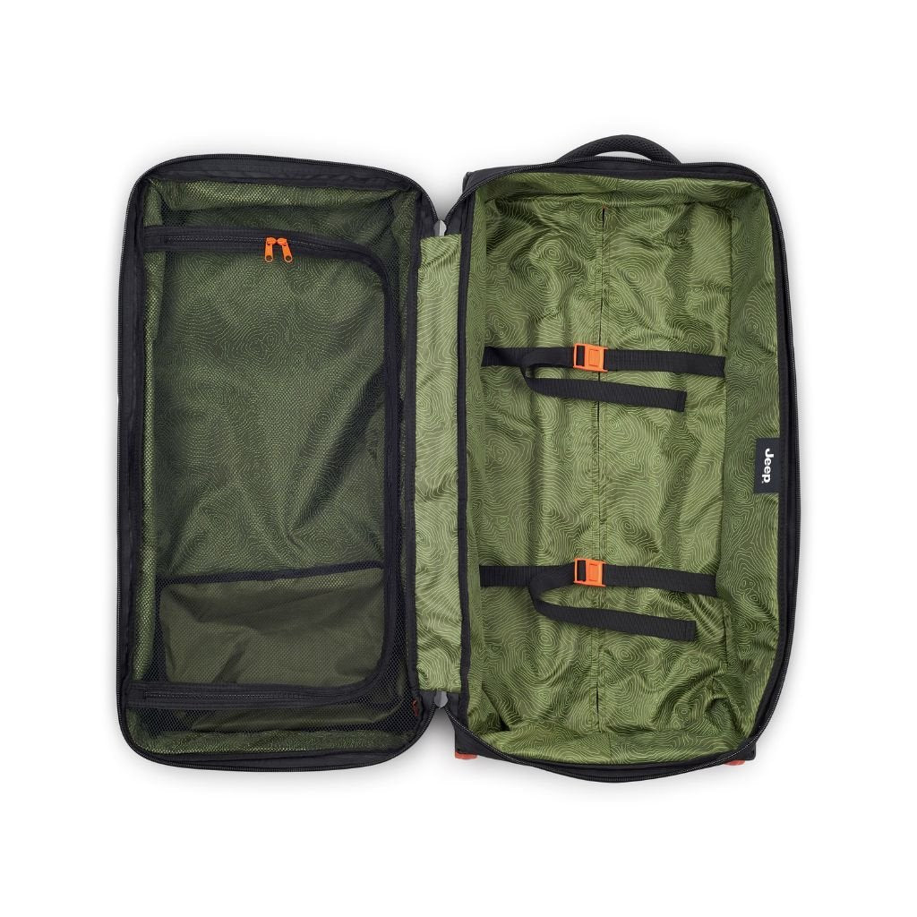 Jeep 73cm 2-Wheel All-Terrain Rolling Duffle Bag - Black | Heavy-Duty Travel Luggage for Camping, Hiking & Outdoor Adventures