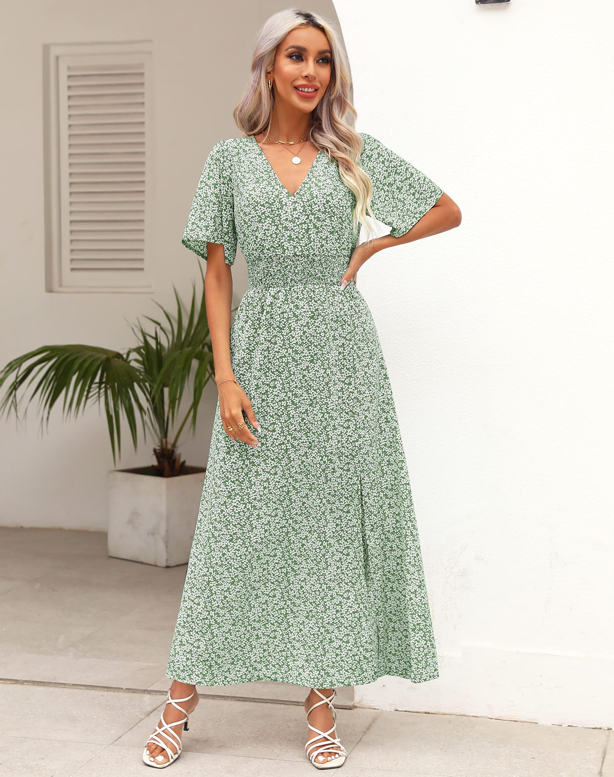 Kranda Women's Floral V-Neck High Waist Boho Maxi Dress - Summer Spring Casual Long Swing Dress with Slit & Short Sleeves - Perfect for Beach Vacations, Date Nights & Boho Fashion