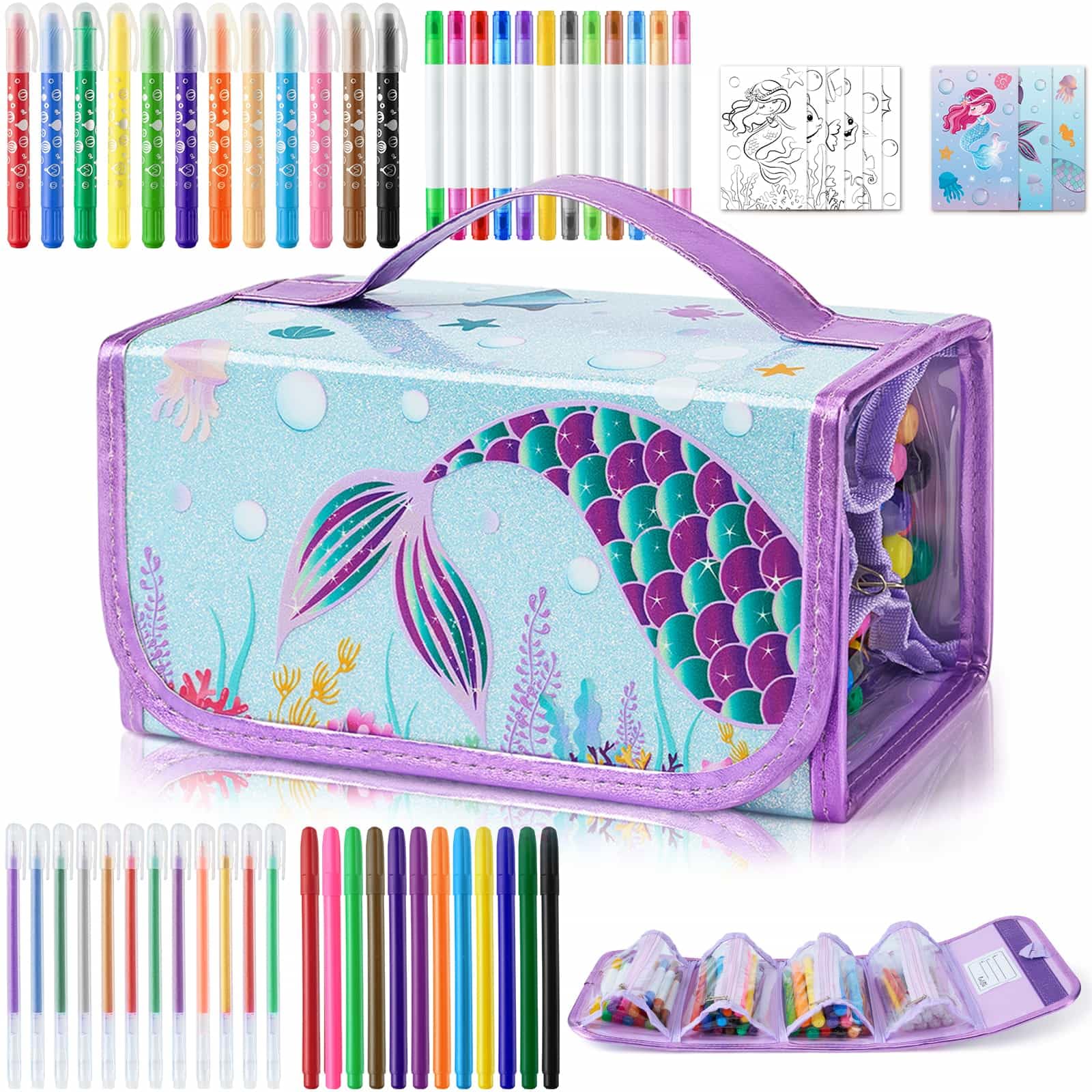 WERNNSAI 58-Piece Scented Mermaid Markers Set with Pencil Case - Non-Toxic Art Supplies for Kids, Girls Birthday Gift, Includes Stickers & Coloring Papers - Perfect for School Projects, DIY Crafts & Creative Coloring Activities
