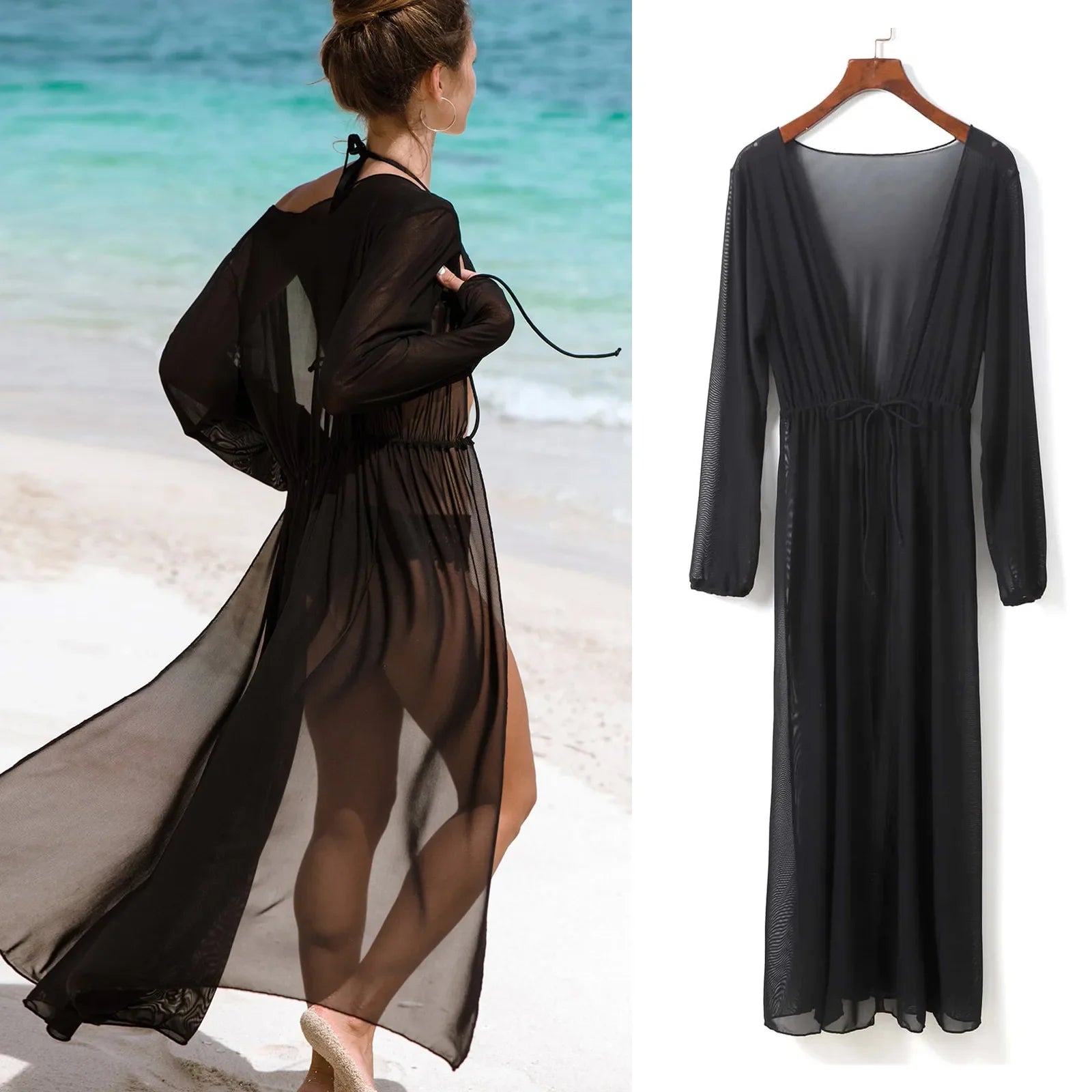 Stylish Black Mesh Beach Cover Up Dress - Long Tunic Bikini Pareo Swimwear for Women | Perfect for Poolside, Vacation & Summer Holidays