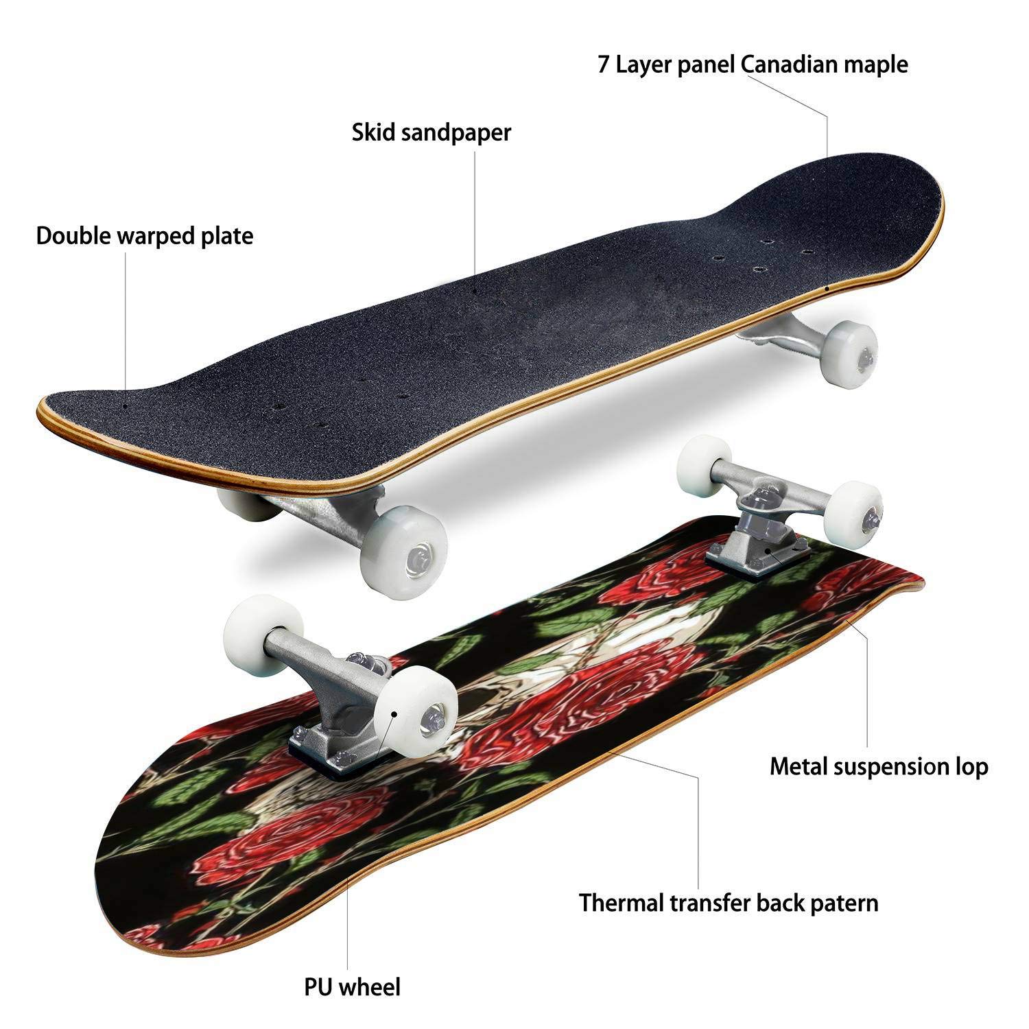 Skull and Red Roses Seamless Vector Skateboard - Classic Concave Longboard for Beginners & Pros | Extreme Sports Gear, Cool Teen Gifts for Skateboarding Enthusiasts | Perfect for Street Skating, Park Rides & Commuting