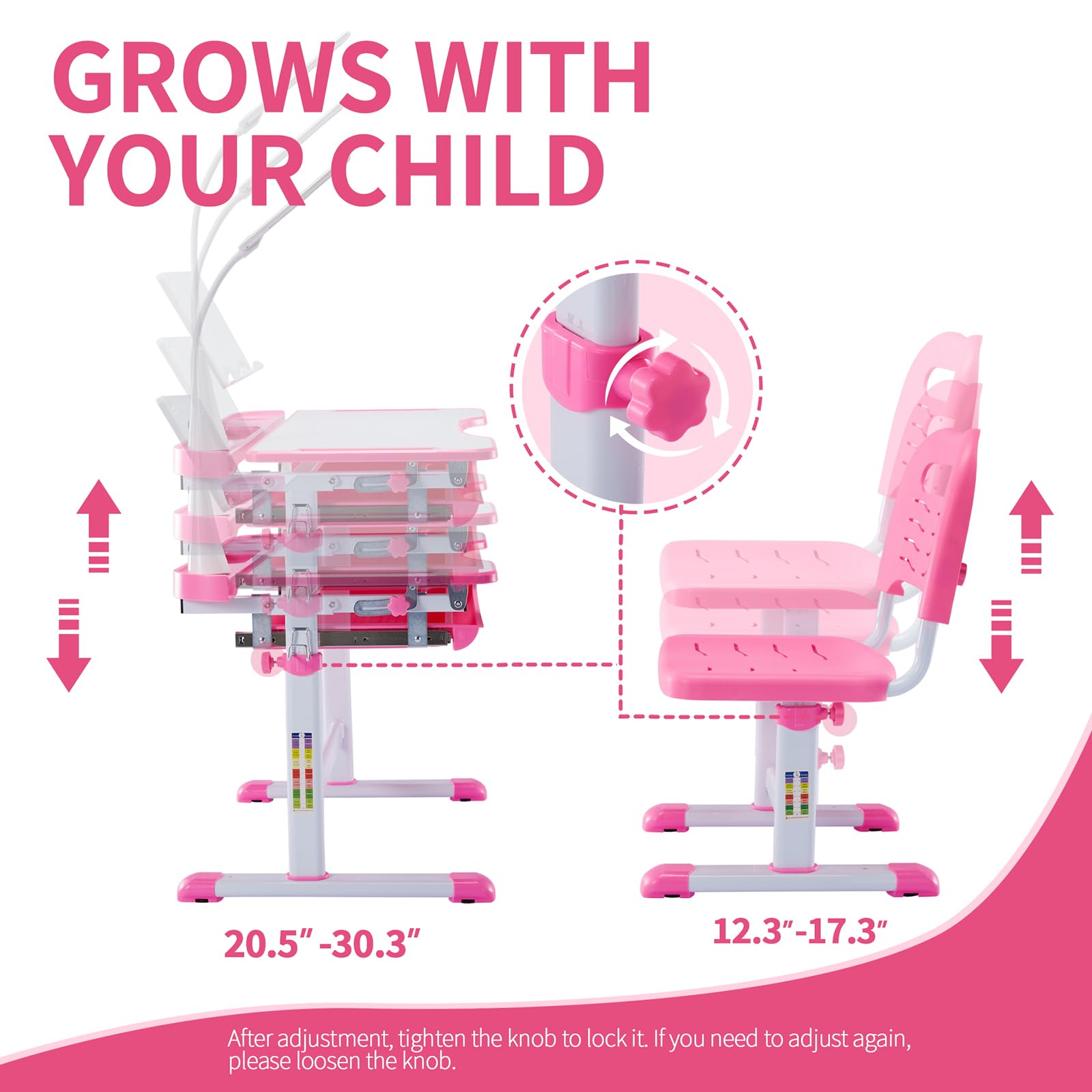 Diroan Adjustable Kids Study Desk and Chair Set - Ergonomic Height Adjustable Children's Desk with Tiltable Desktop, Book Stand, LED Light, Storage Drawer & Metal Hooks - Perfect for Homework, Reading & Online Learning (Pink)