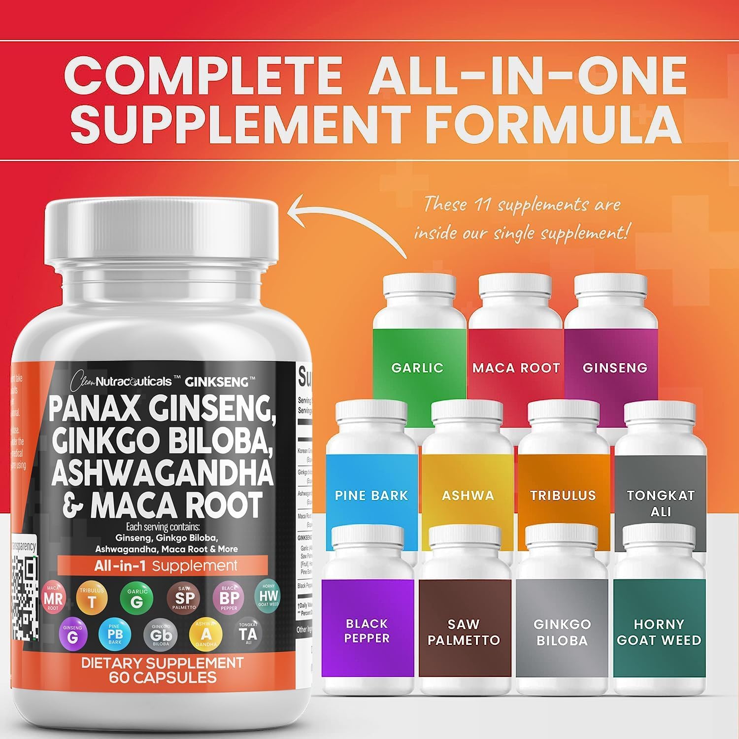 Premium Panax Ginseng Ginkgo Biloba Ashwagandha Maca Root Supplement - Natural Focus & Energy Booster for Men & Women - with Pine Bark Extract, Garlic & Saw Palmetto - 60 Vegan Capsules - Ideal for Workout, Study & Mental Clarity