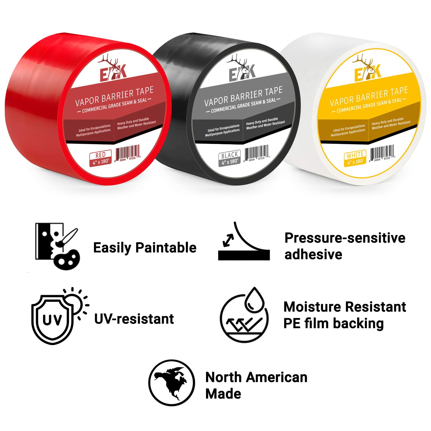 ELK Vapor Barrier Tape - 4” x 180ft - 3 Pack - Heavy Duty PE 9mm Polyethylene Seam Tape - Waterproof Moisture Barrier for Crawl Space Encapsulation, Marine Use & Home Improvement - Ideal for Basement Waterproofing, Boat Repairs and DIY Projects