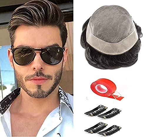 Premium Mono Smart Hair Patch for Men - 100% Remy Human Hair Wig, Super 3D Fit, Easy Application with Tape/Glue/Clips (Natural Black, 7x5) - Perfect for Daily Wear, Work & Special Occasions