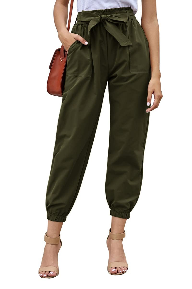 Grlasen Women's High Waist Casual Cropped Pants - Paper Bag Waist Pencil Trouser with Bow-Knot Pockets | Cargo Joggers for Work, Office & Everyday Wear