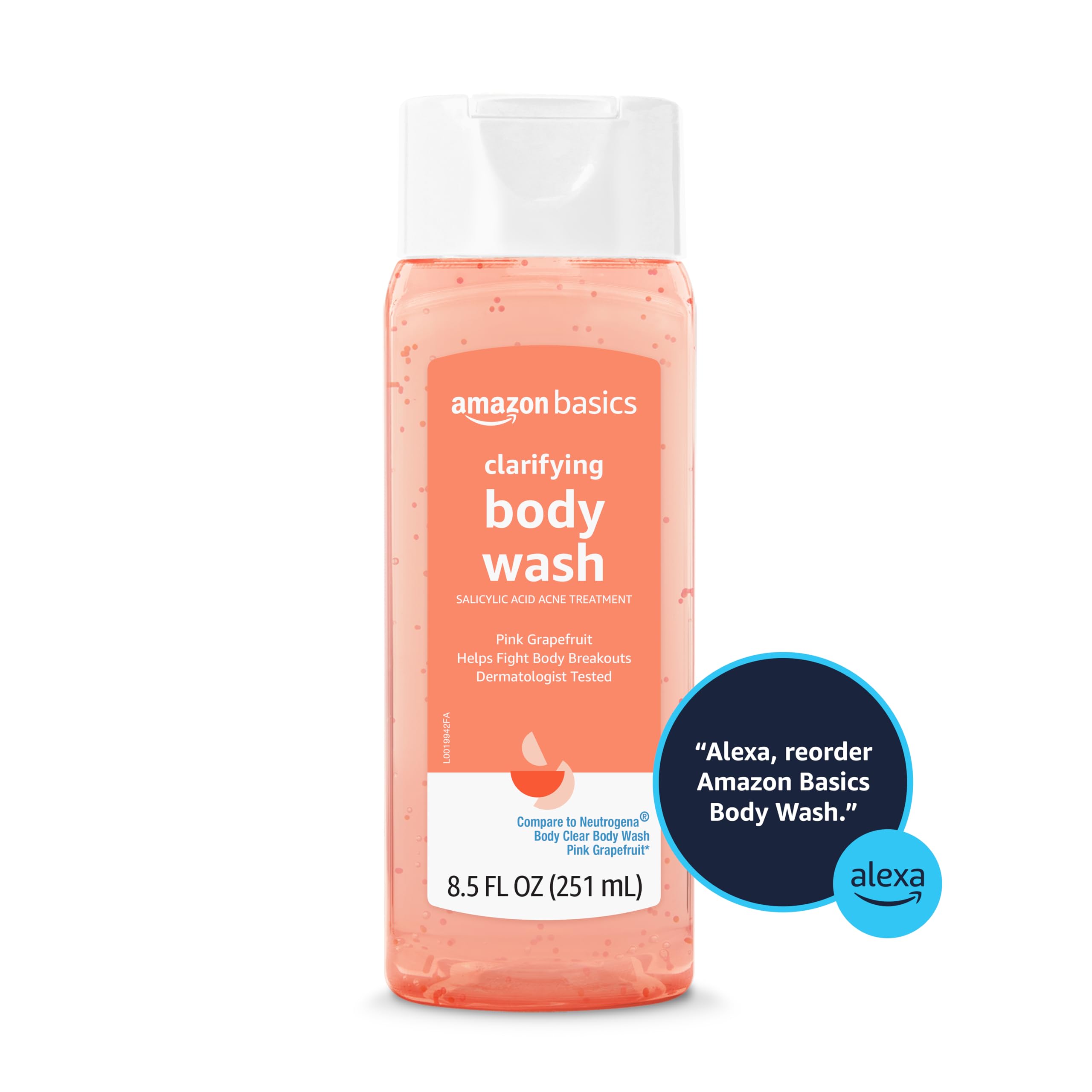 Amazon Basics Clarifying Pink Grapefruit Body Wash with 2% Salicylic Acid - Acne Treatment & Exfoliating Body Wash for Clear Skin - Dermatologist Tested, 8.5 Fl Oz (Pack of 4) - Perfect for Daily Shower & Post-Workout Skincare Routine