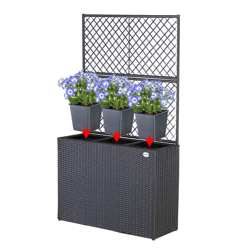 Casaria Black Wicker Flower Planter Set with Trellis - 3 Piece Rattan Garden Planters 57.5