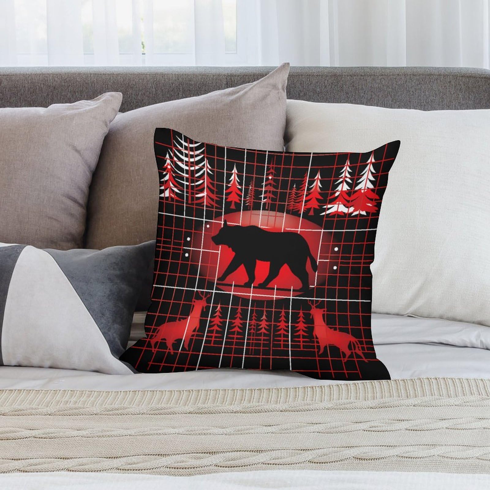 ITFRO Set of 2 Bear & Deer Plush Throw Pillow Covers - 18x18 Inch Retro Forest Animal Farmhouse Decor for Sofa, Bed, Living Room - Nature Wildlife Bonfire Pine Tree Design - Perfect for Rustic Cabin, Lodge & Cozy Home Decor
