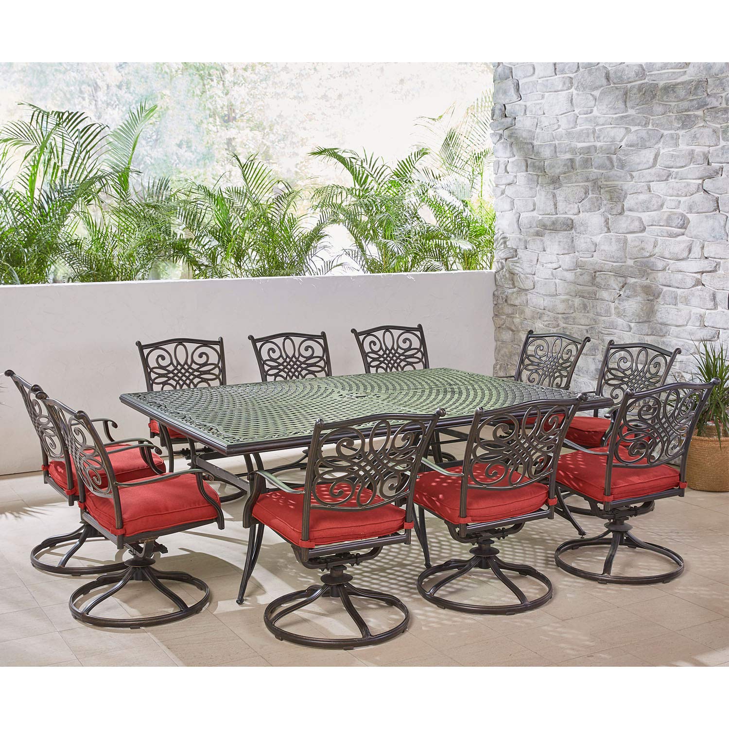 Hanover Traditions 11-Piece Modern Outdoor Dining Set - Rust-Resistant Cast Aluminum Rectangular Table & 10 Swivel Rocker Chairs with Weatherproof Red Cushions | Patio, Garden, Backyard Furniture for Entertaining