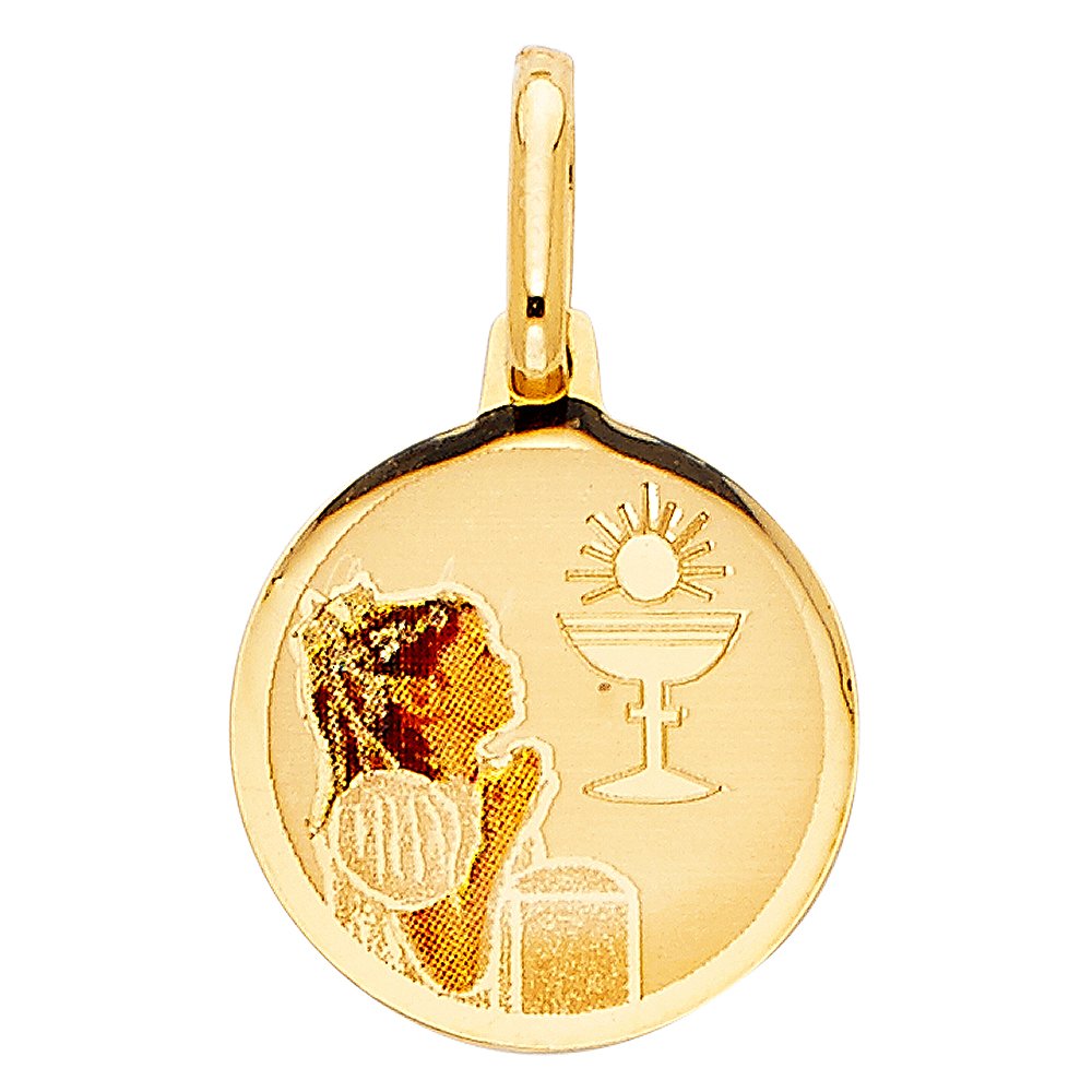 14K Yellow Gold Religious Baptism Enamel Charm Pendant - Elegant Jewelry Gift for Christening, First Communion & Special Occasions