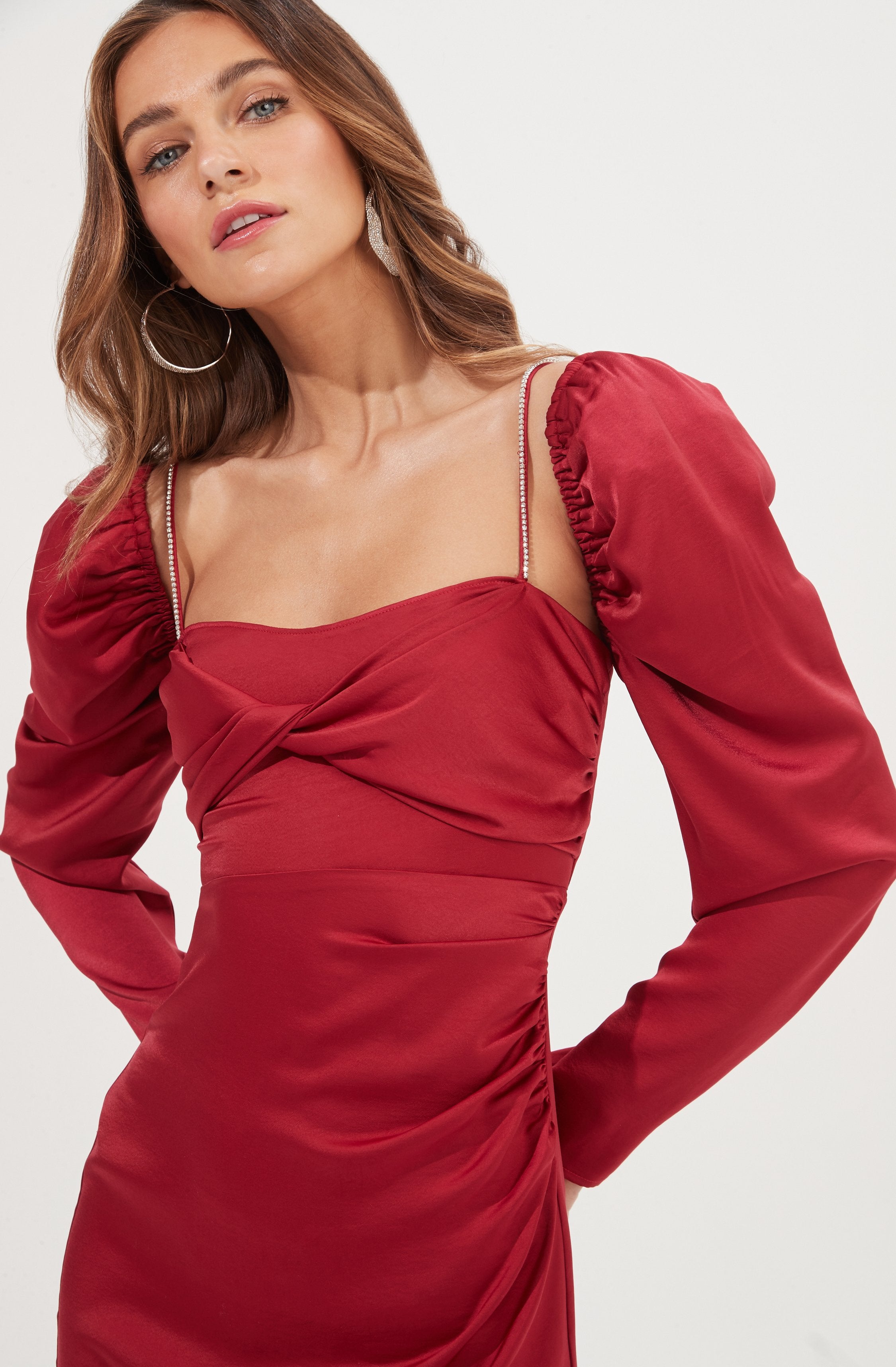 Claudina Rhinestone Embellished Satin Long Sleeve Midi Dress for Women - Elegant Party & Evening Gown for Prom, Wedding, Cocktail Events