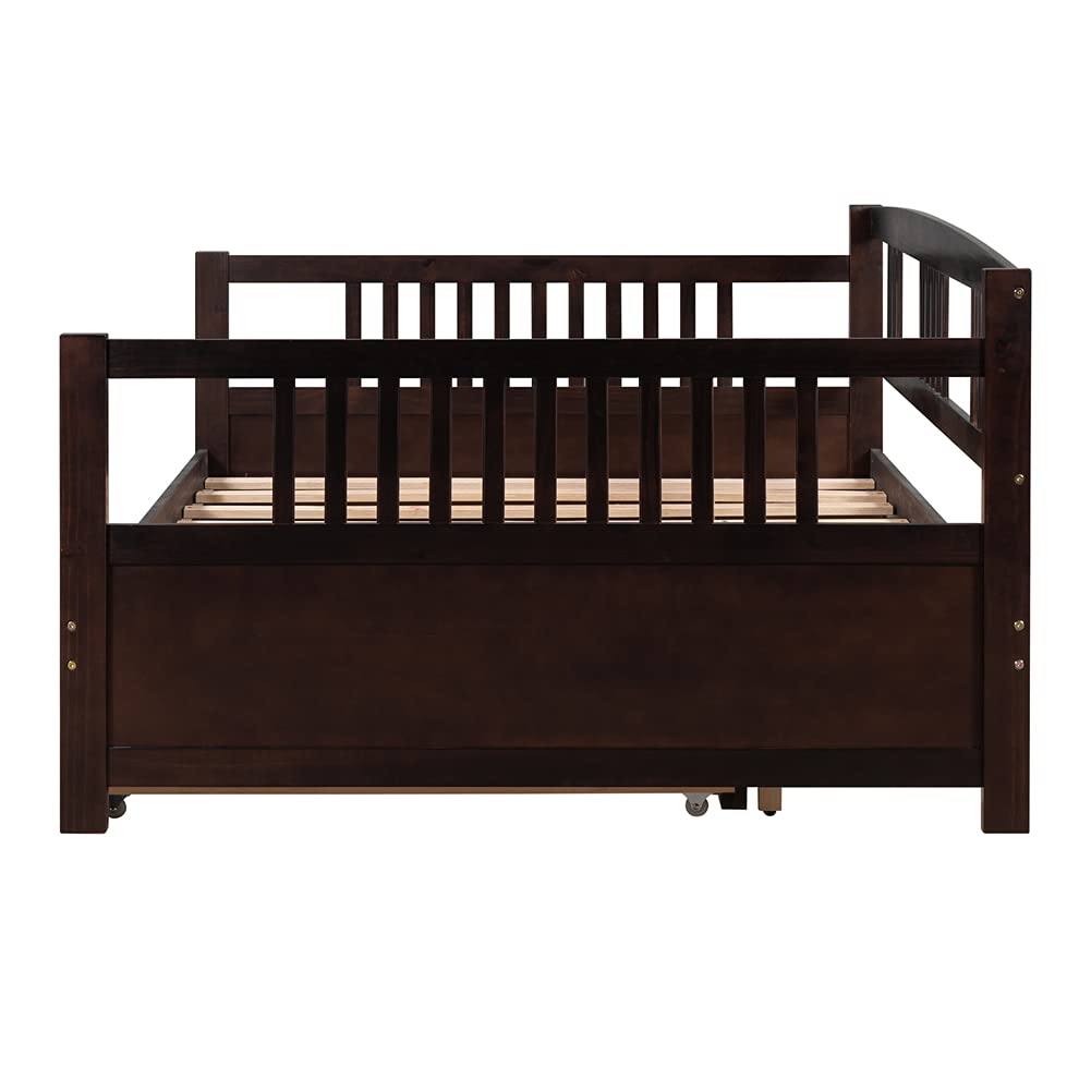 Kids Daybed Sofa Bed with Pull-Out Trundle - Pinewood Frame with Guardrails & Wood Slats - Full Size Espresso Finish - Perfect for Sleepovers, Guest Rooms & Small Spaces
