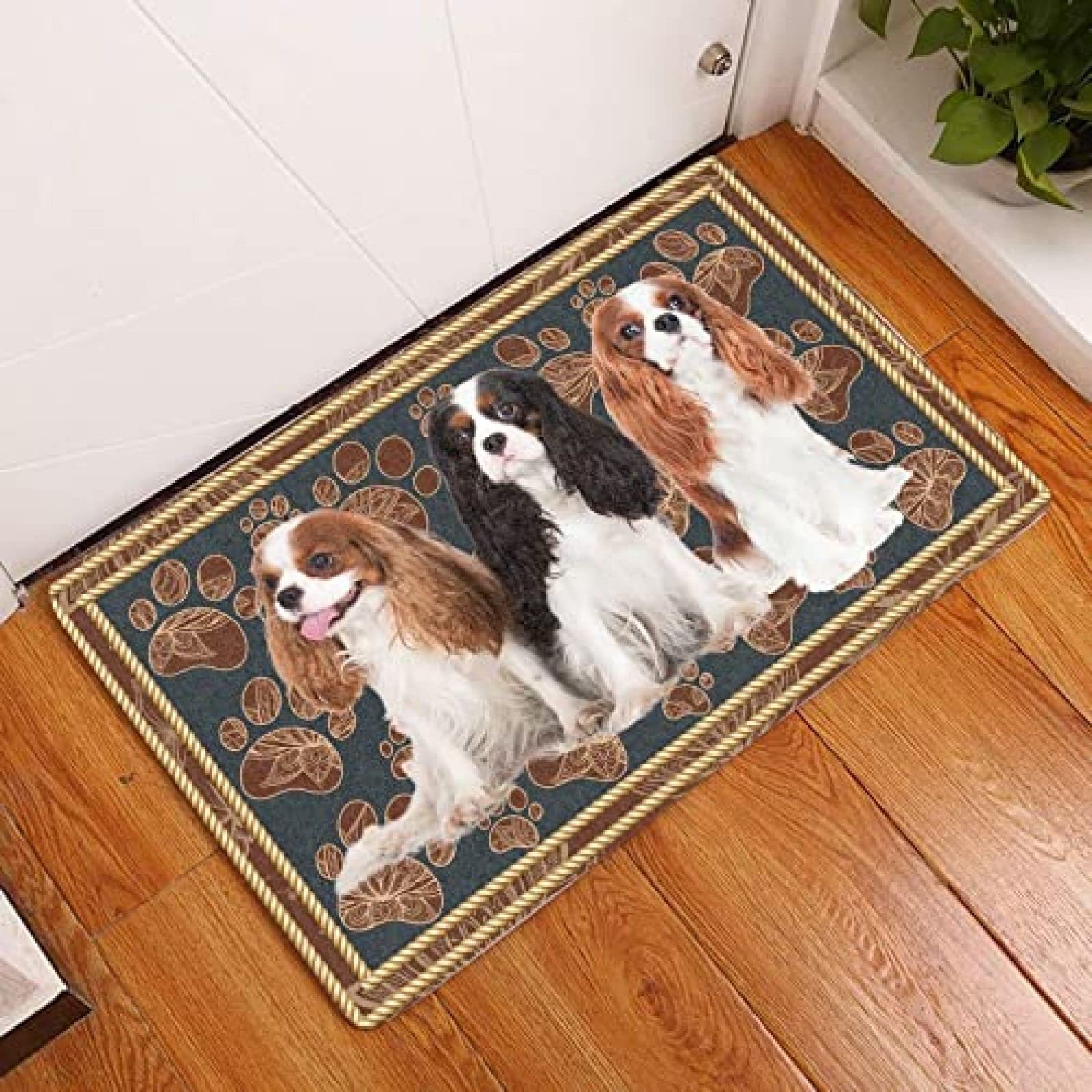 Non-Slip Indoor Door Mat with Cavalier King Charles Spaniel & Floral Paw Design - Absorbent Welcome Mat for Pet Lovers, Housewarming Gift & Home Decor - Perfect for Entryways, Mudrooms & Pet-Friendly Homes