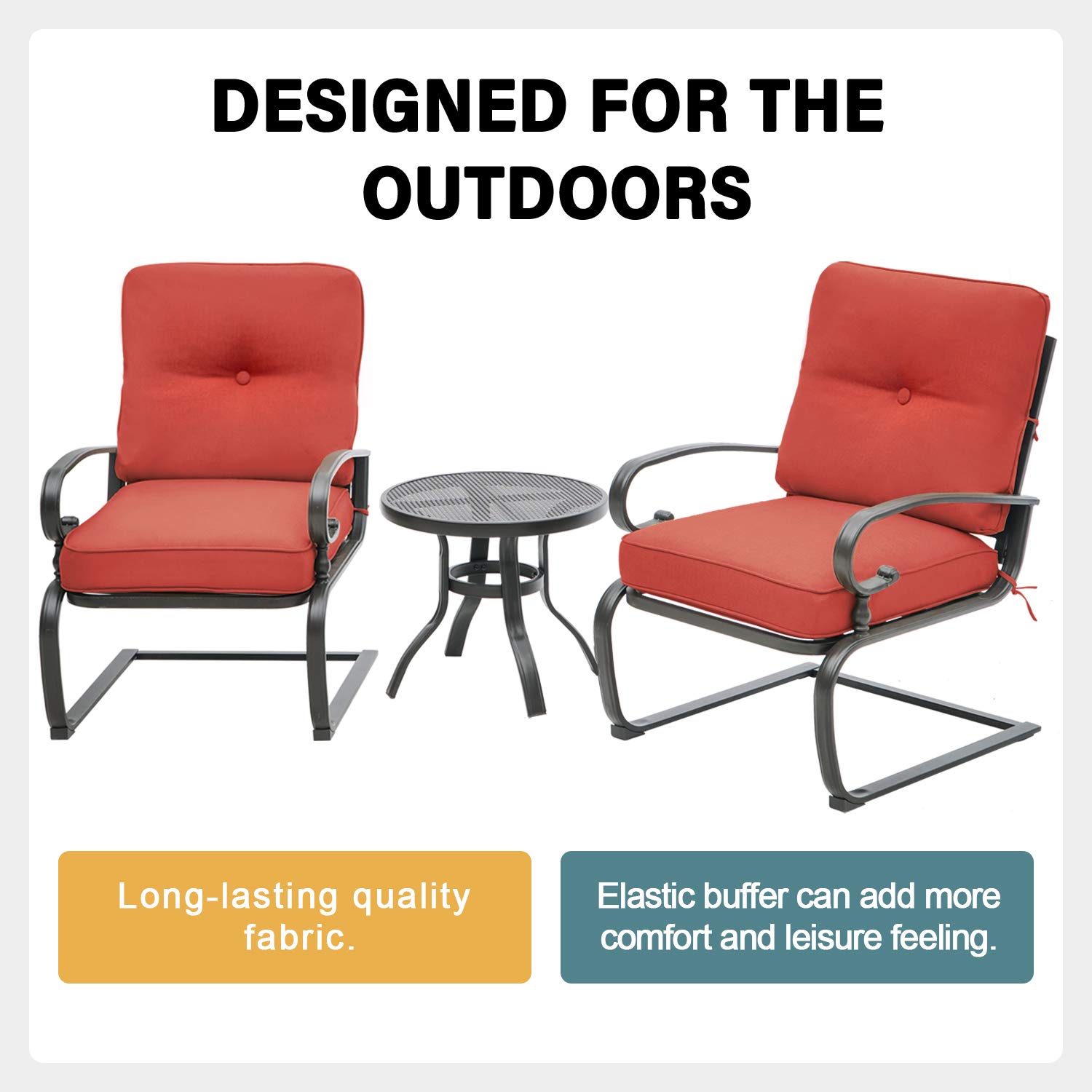 3-Piece Outdoor Bistro Set with Spring Metal Action Lounge Chairs & Round Table - Wrought Iron Cafe Furniture in Red - Perfect for Patio, Garden, and Backyard Relaxation