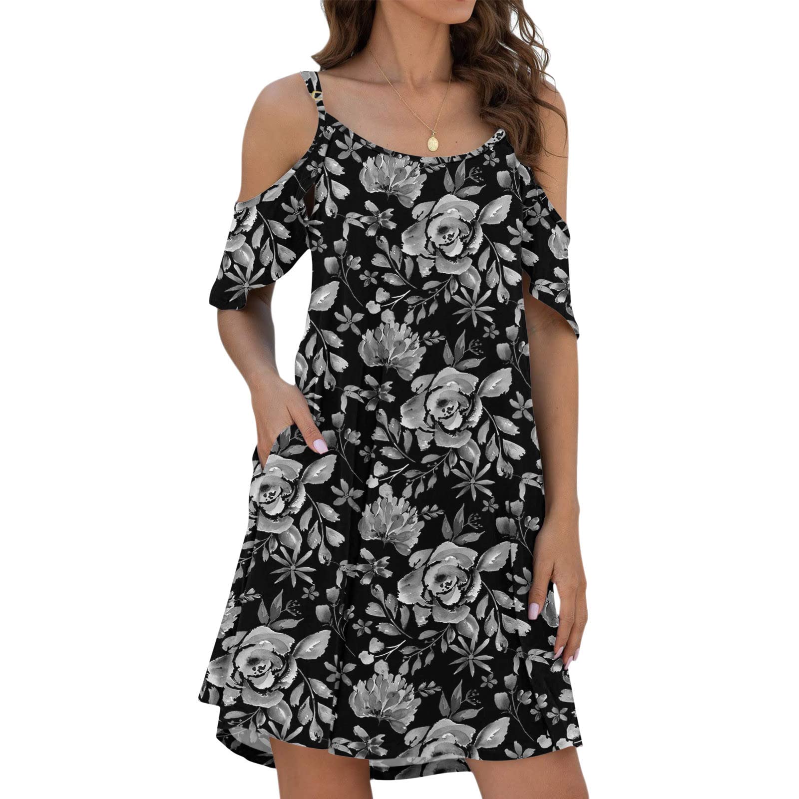 JUNLIN Women's Summer Casual T-Shirt Beach Dress - Ruffle Sleeve, Strappy Cold Shoulder with Pockets | Perfect for Vacation, Beach Outings & Summer Parties