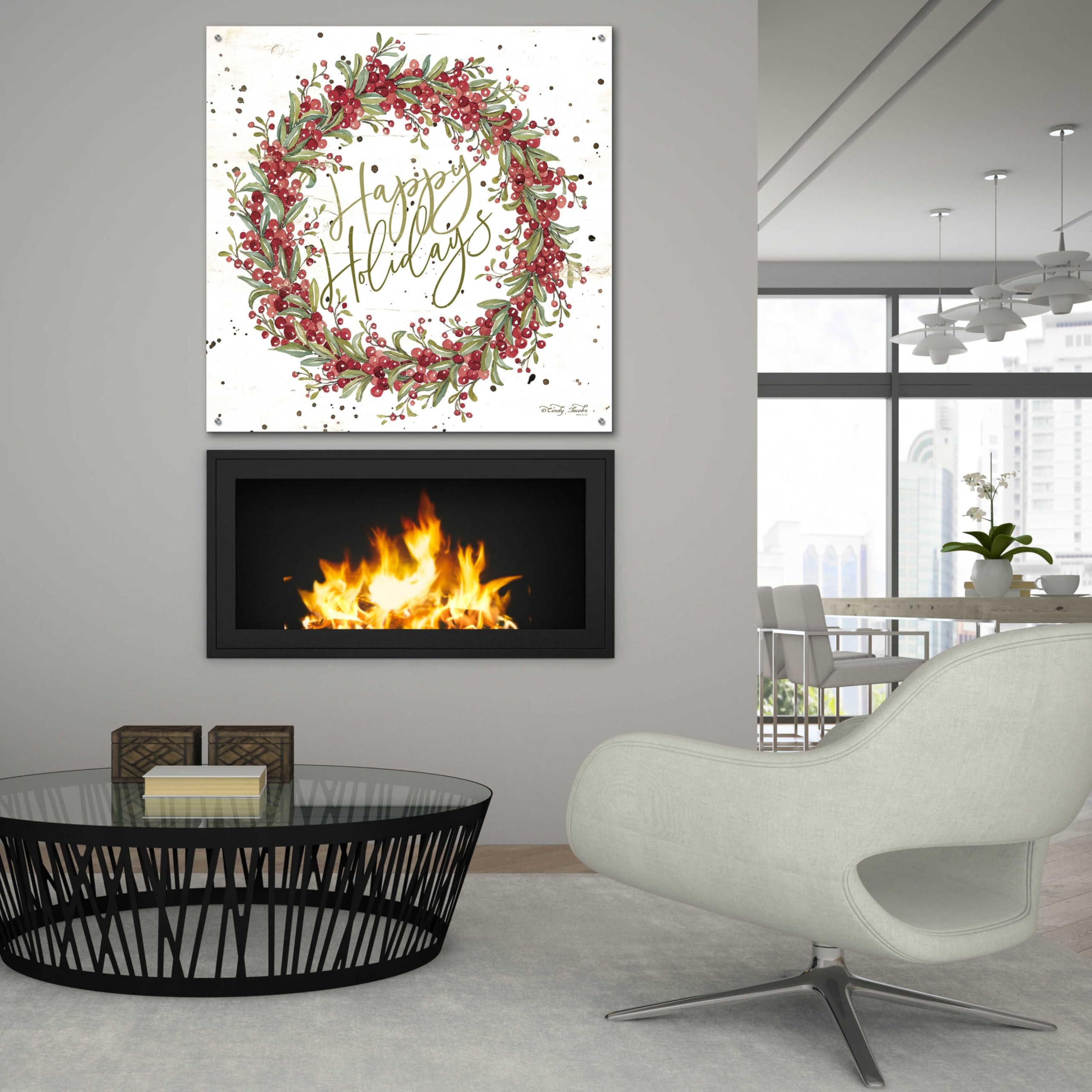 Happy Holidays Berry Wreath Acrylic Glass Wall Art - 36x36 Inch Christmas Decor by Cindy Jacobs - Perfect for Living Room, Bedroom, or Office Holiday Decoration
