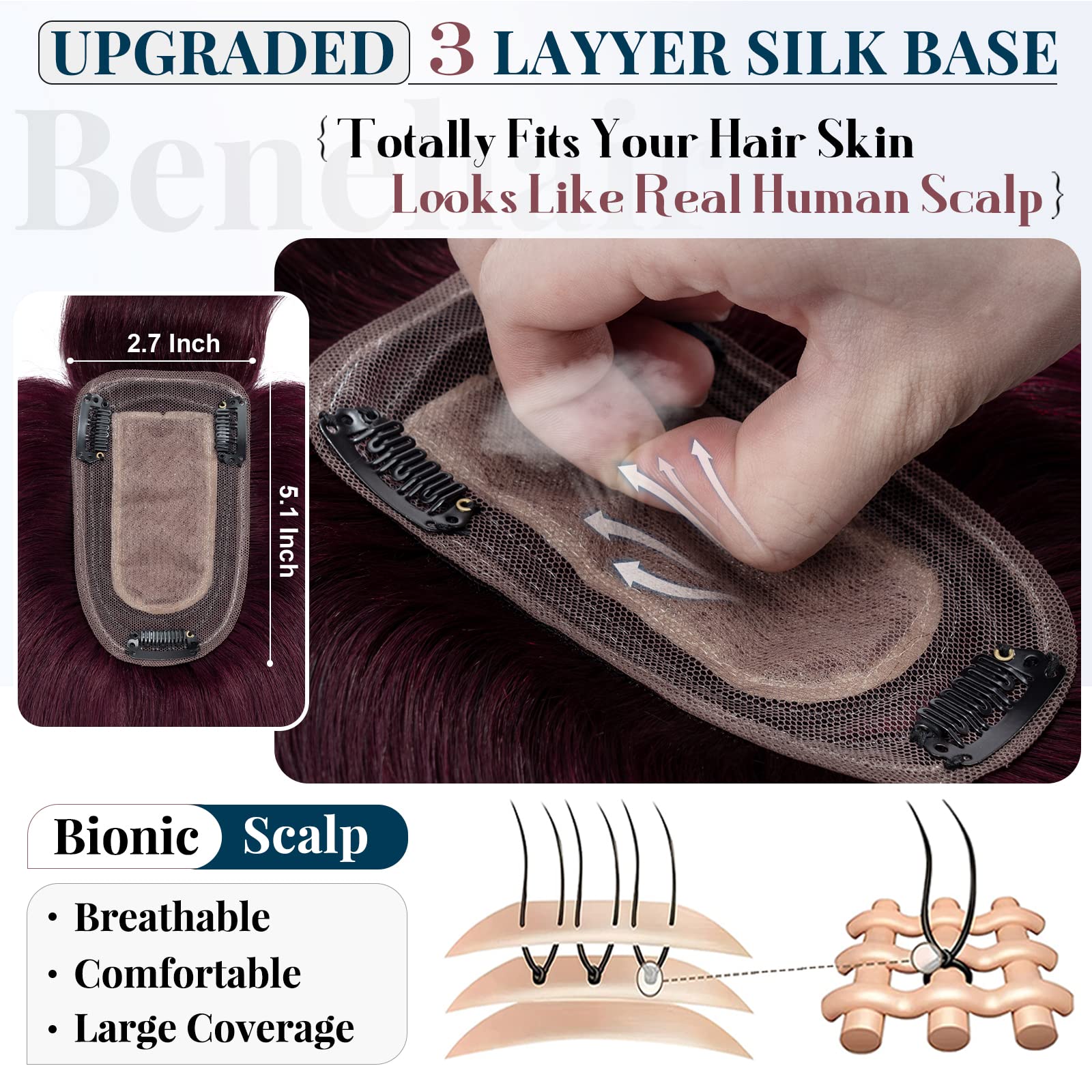 Benehair Clip-in Human Hair Topper with Thin Bangs - 10 Inch Straight Soft Hair Extension for Women with Hair Loss & Thinning - Handmade Silk Base Wiglets - Wine Red #99J - Perfect for Daily Wear, Parties & Special Occasions