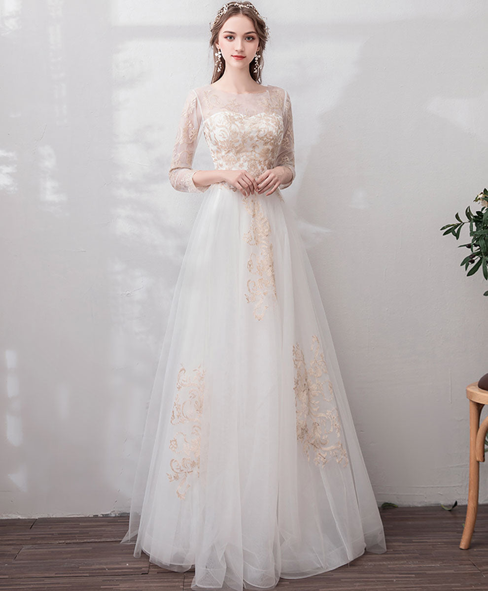 Elegant White Round Neck Tulle Lace Long Prom Dress for Formal Events - Perfect for Homecoming, Wedding Guest & Evening Gala