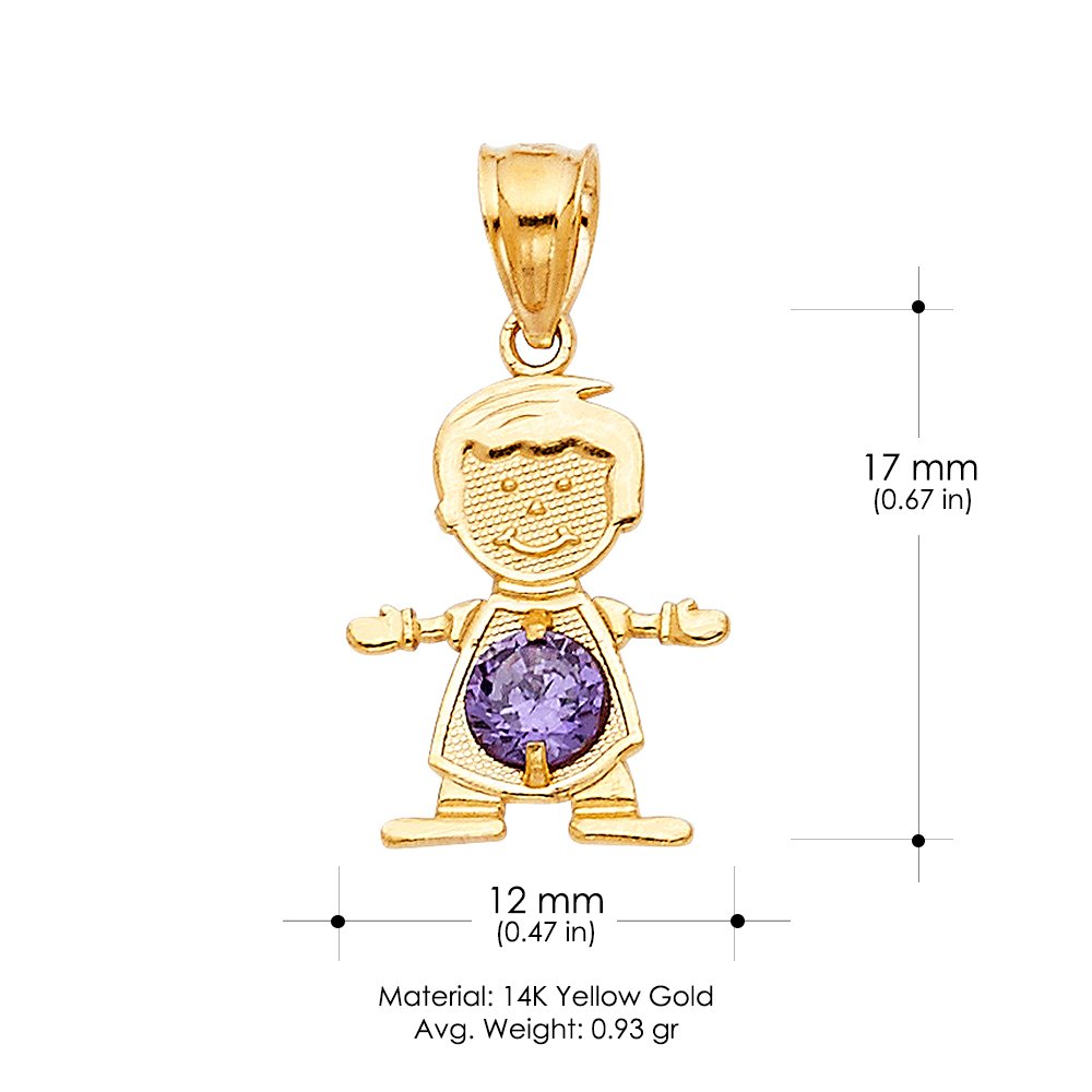 14K Yellow Gold February Birthstone Cubic Zirconia CZ Boy Charm Pendant with 1.2mm Flat Open Wheat Chain Necklace | Elegant Jewelry Gift for Valentine's Day, Anniversary, Birthday | Perfect for Women, Girls, Teens