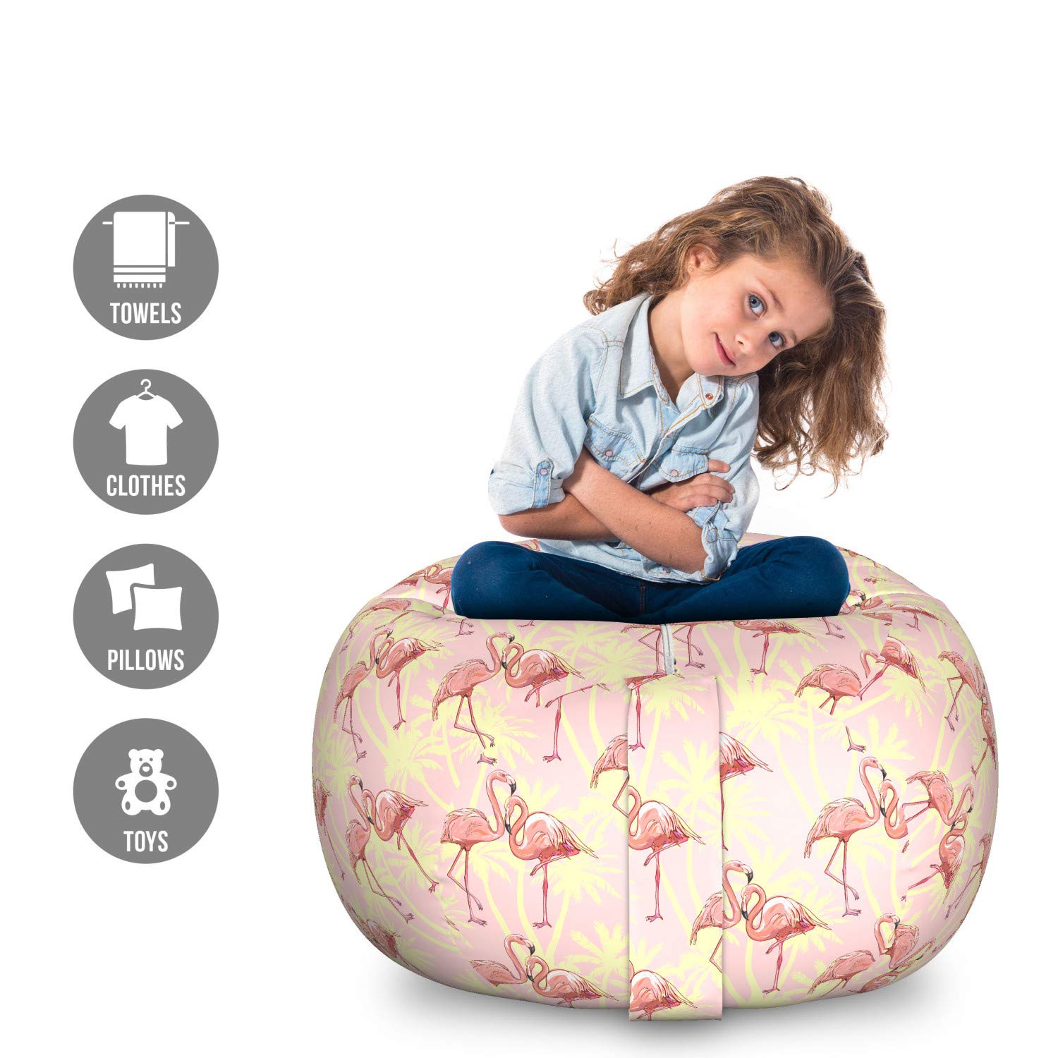 Ambesonne Flamingo Toy Storage Bag Chair - Large Washable Stuffed Animal Organizer with Tropical Palm Leaves & Animal Print in Yellow & Pink - Perfect for Kids' Room, Playroom, and Nursery Organization