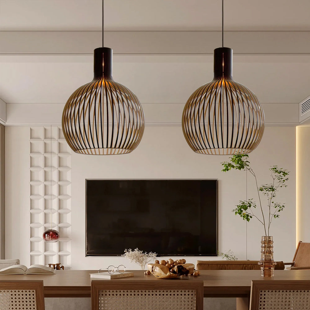 Modern Minimalist Spherical Wooden Pendant Light - Handcrafted Wooden Ceiling Lamp for Living Room, Bedroom, Dining Room & Office Decor