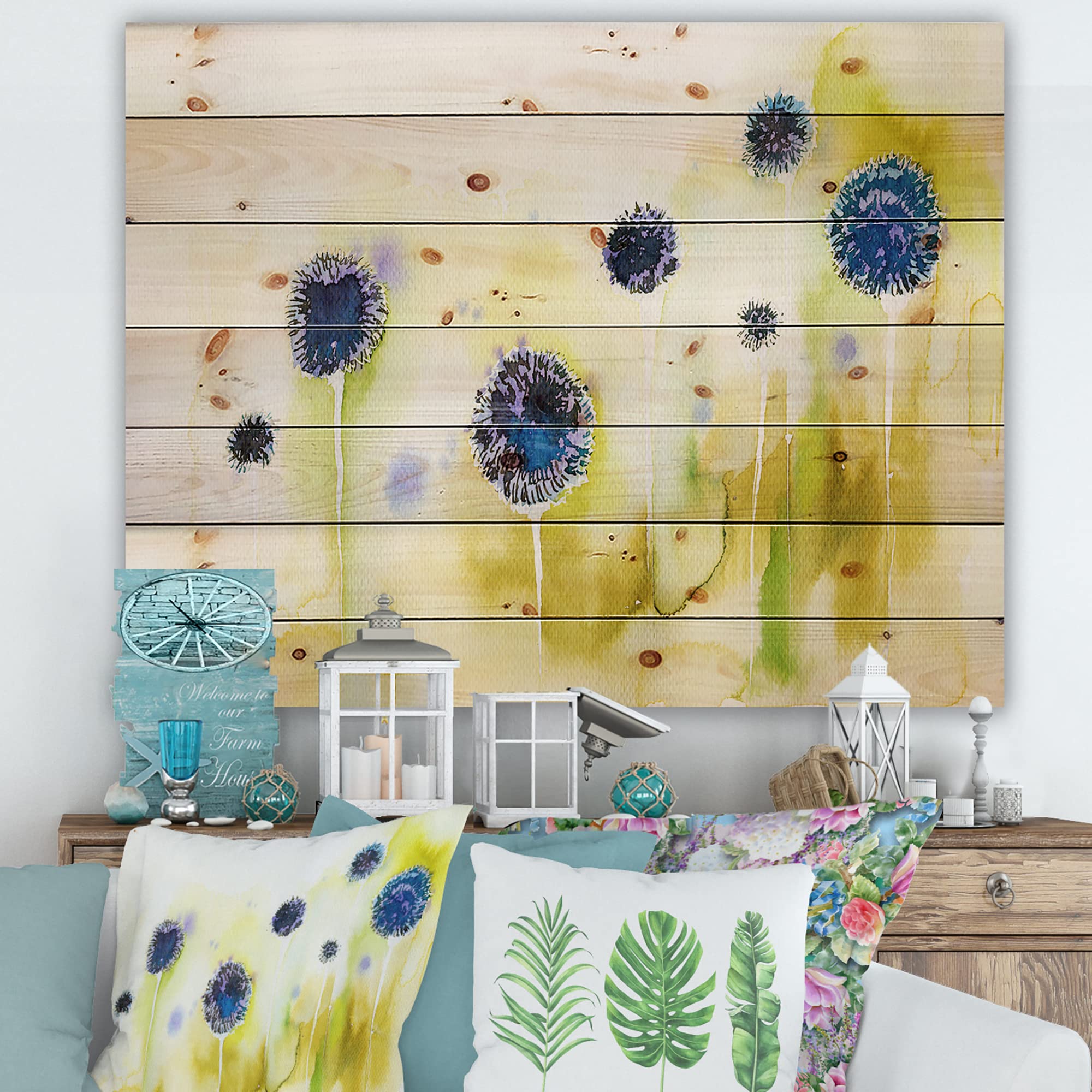 DesignQ Blue Flowers In The Meadow Traditional Wood Wall Decor - Yellow Floral Wood Wall Art Panel, Large Pine Wood Wall Hanging for Living Room, Bedroom & Office Decor