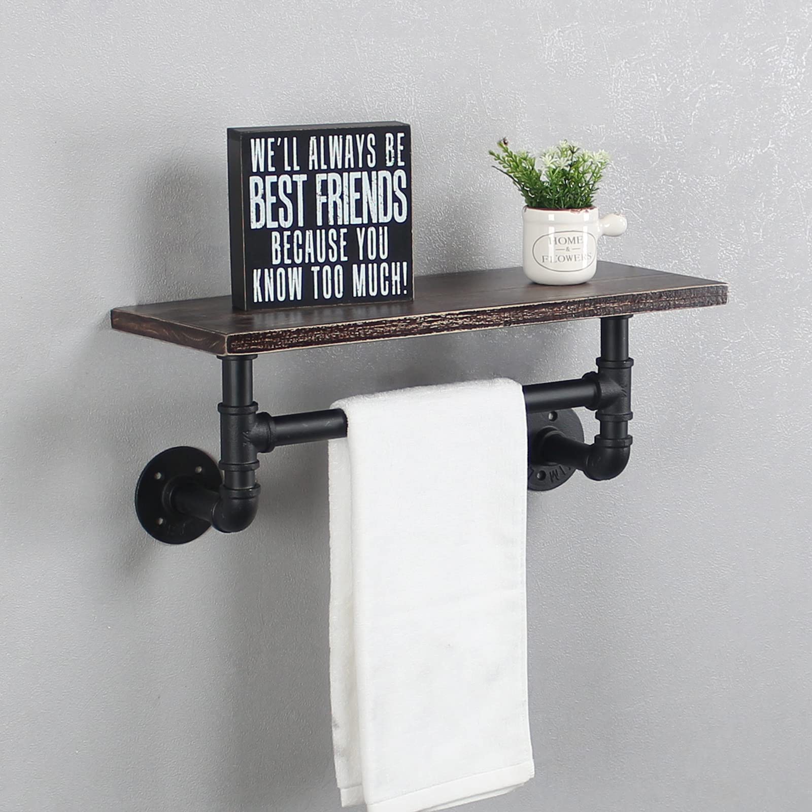 MBQQ Industrial Pipe Shelf - 19.6in Rustic Wood Wall Mounted Bathroom Shelves with Towel Bar | 1-Tier Farmhouse Towel Rack for Over Toilet Storage | Floating Pipe Shelving & Retro Black Towel Holder - Perfect for Small Bathrooms, Laundry Rooms & Vintage Home Decor