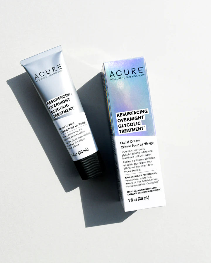 Acure Resurfacing Overnight Glycolic Treatment - Exfoliating Facial Serum for Glowing Skin | Nighttime Skincare Routine for Dry, Dull & Aging Skin